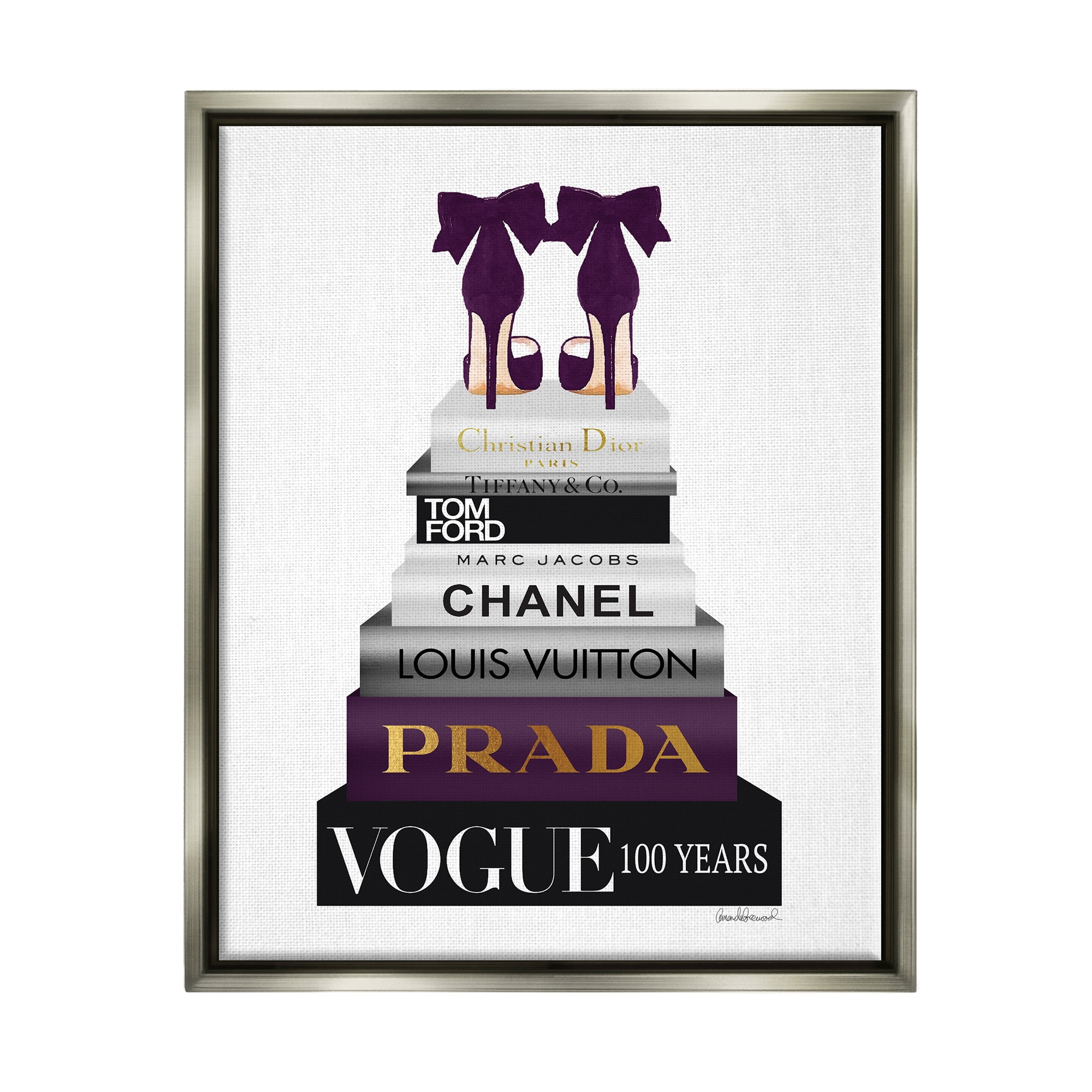 Stupell Industries Fashion Designer Shoes Bookstack Purple Gold Watercolor Luster Gray Framed Floating Canvas Wall Art, 24x30, by Amanda Greenwood