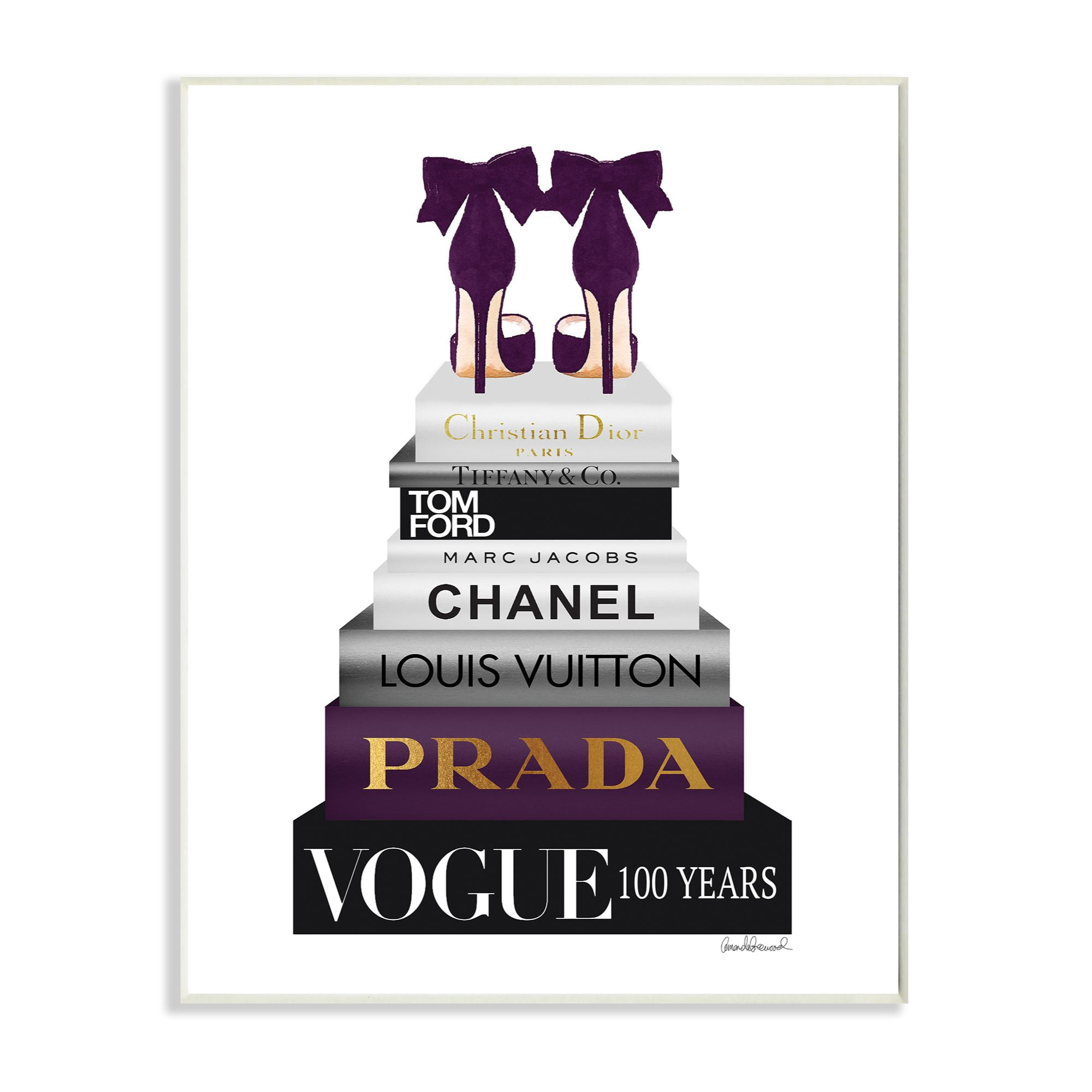 Stupell Industries Fashion Designer Shoes Bookstack Purple Gold Watercolor Wall Plaque by Amanda Greenwood