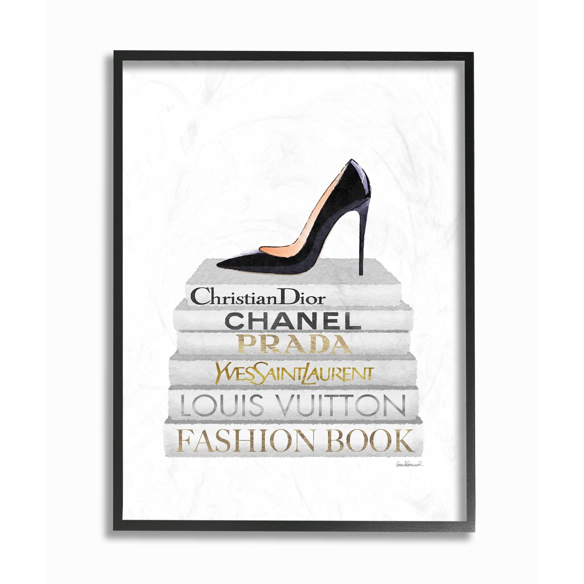 Stupell Industries Fashion Designer Shoes Bookstack White Gold Watercolor Framed Wall Art by Amanda Greenwood