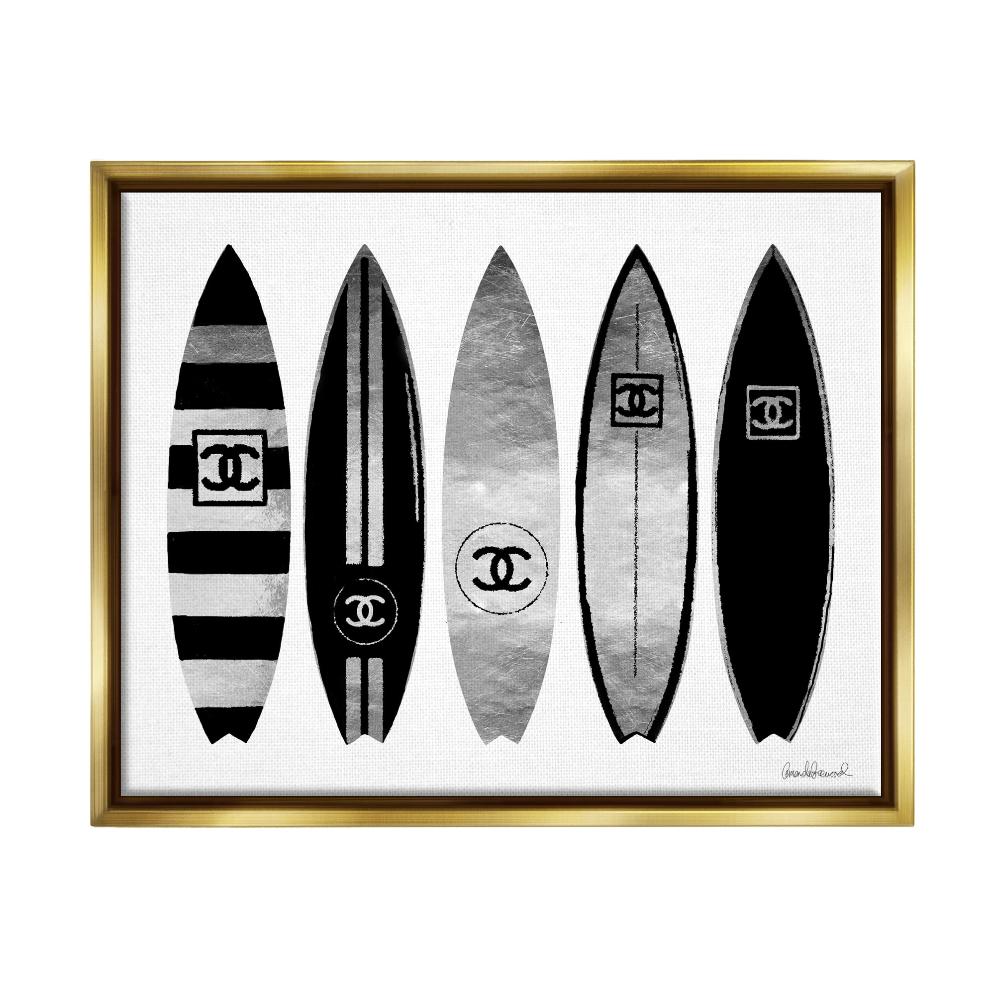 Stupell Industries Fashion Designer Surf Boards Black Silver Watercolor Metallic Gold Framed Floating Canvas Wall Art, 16x20, by Amanda Greenwood