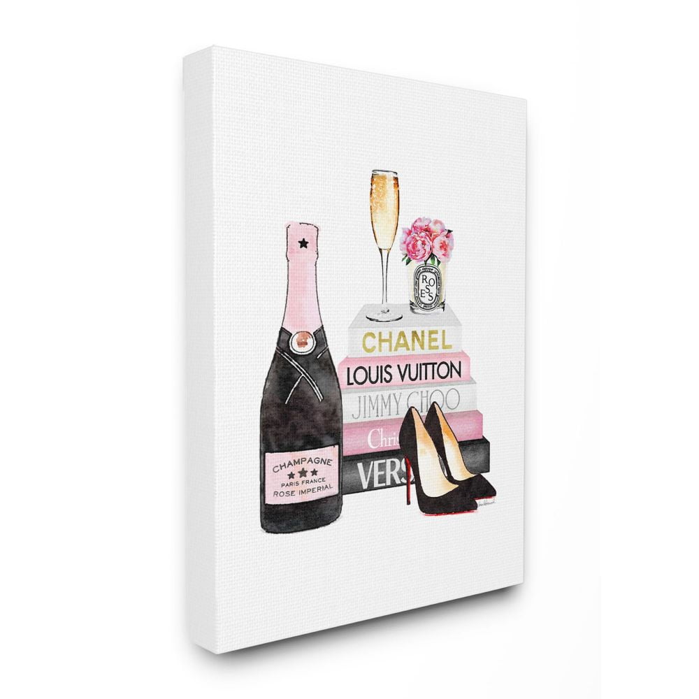 Stupell Industries Fashion Designer Wine Shoes Bookstack Pink Watercolor Canvas Wall Art by Amanda Greenwood