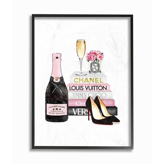 Stupell Industries Fashion Designer Wine Shoes Bookstack Pink Watercolor Framed Wall Art by Amanda Greenwood
