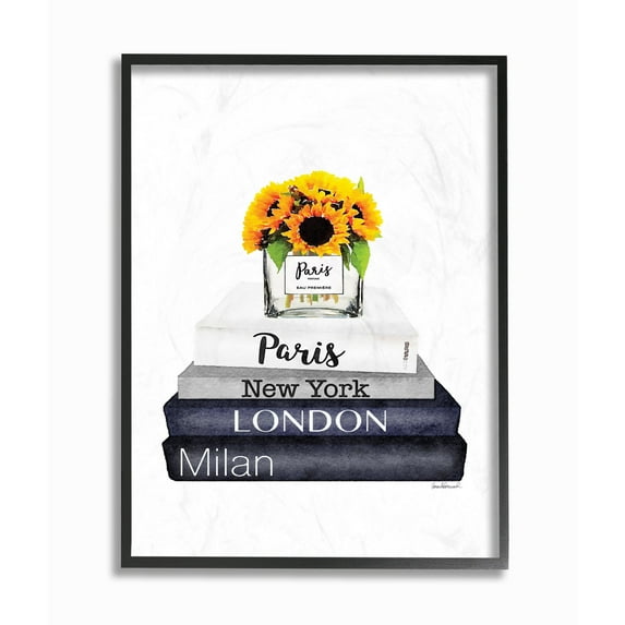 Stupell Industries Fashion Designer Yellow Flower Bookstack Blue Watercolor Framed Wall Art by Amanda Greenwood