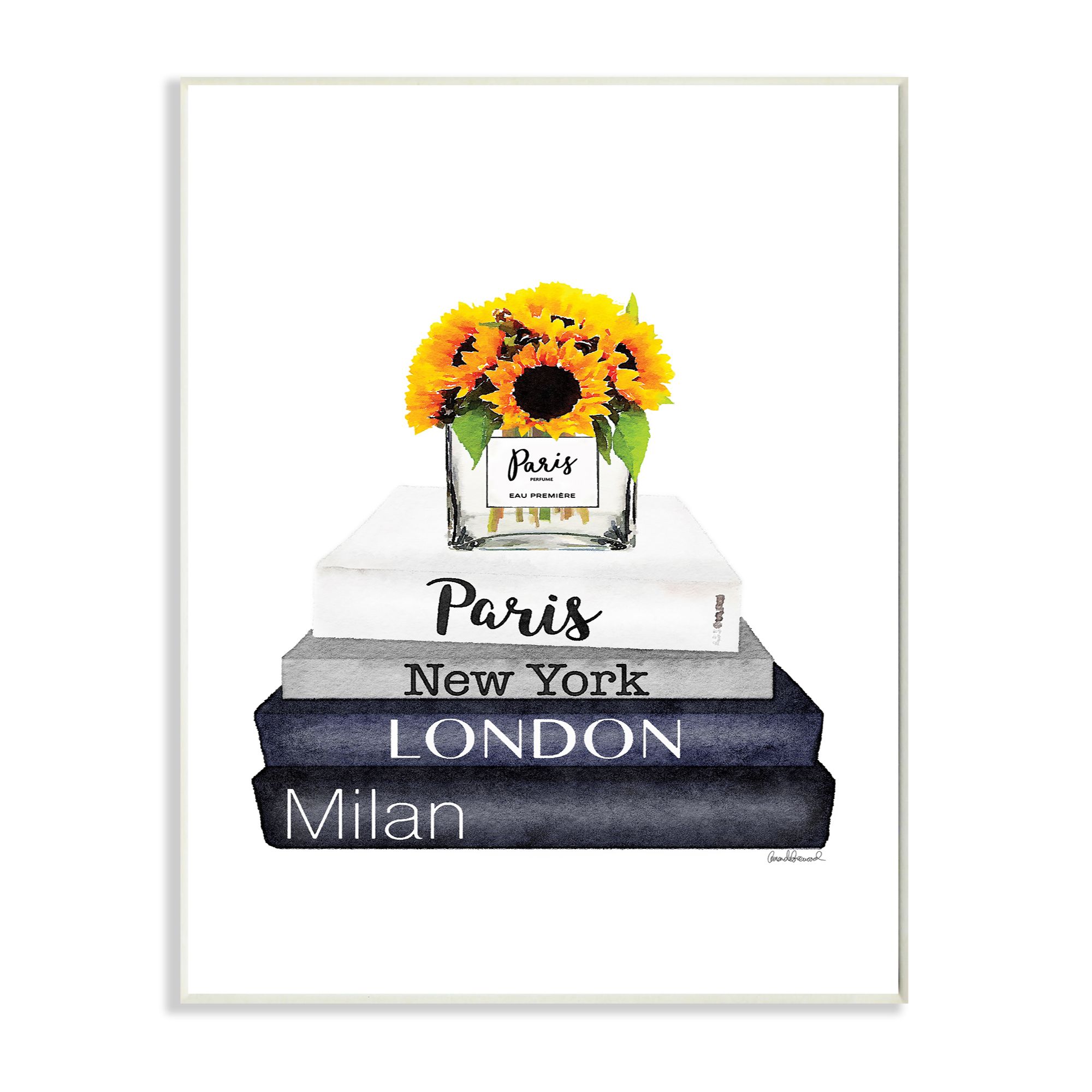 Stupell Industries Fashion Designer Yellow Flower Bookstack Blue Watercolor Wall Plaque by Amanda Greenwood