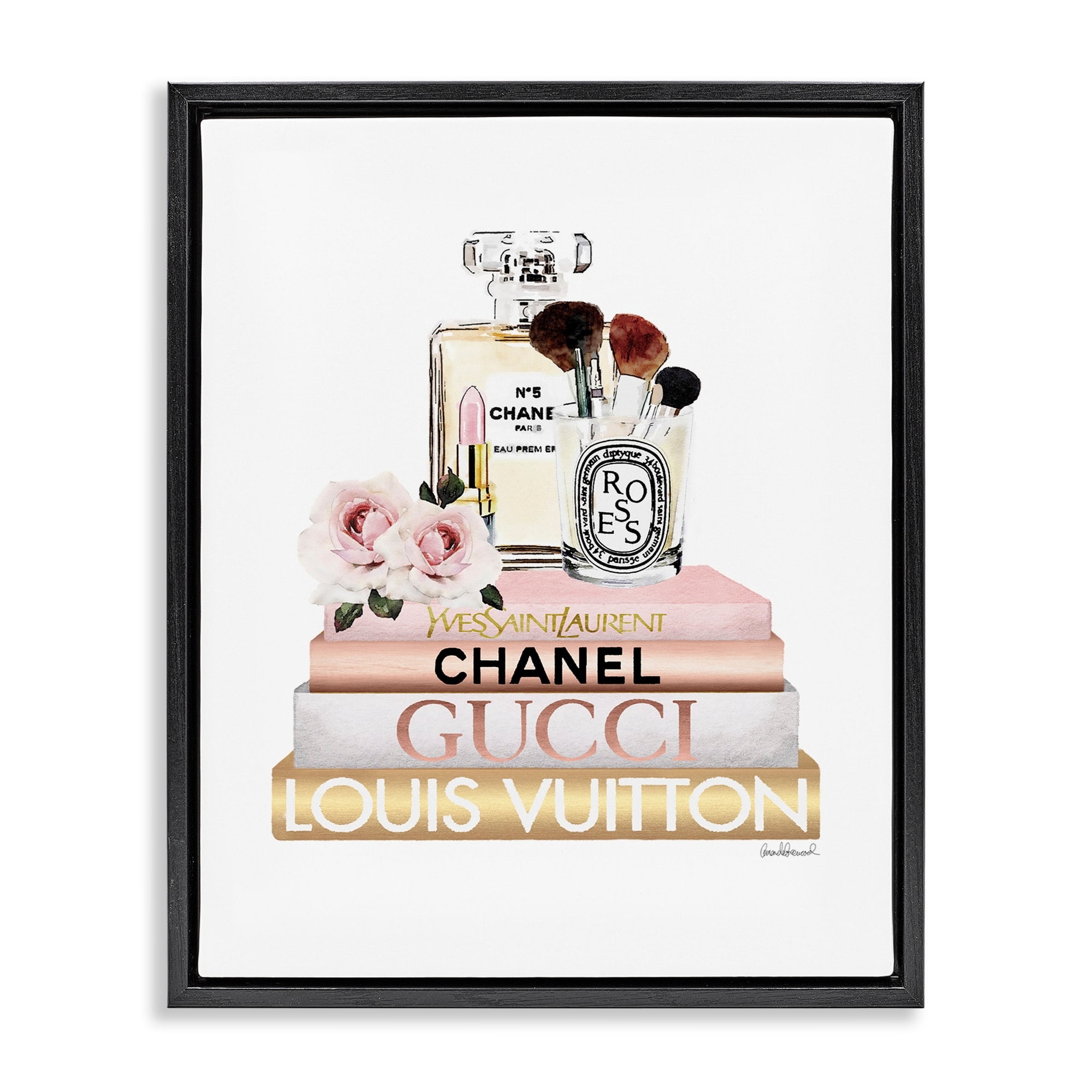 Stupell Industries Fashion Essentials with Iconic Glam Brands Jet Black Framed Floating Canvas Wall Art, 24x30, by Amanda Greenwood