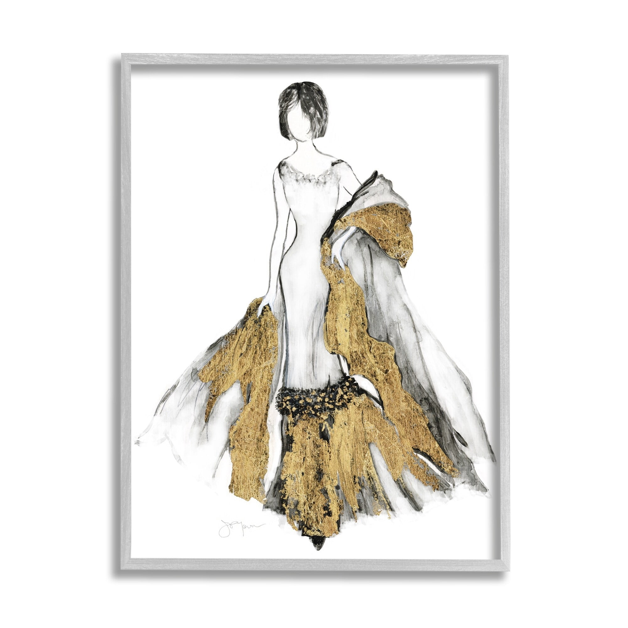 Gold and Gray Fashion Figure Drawing on Canvas, 11 x 14