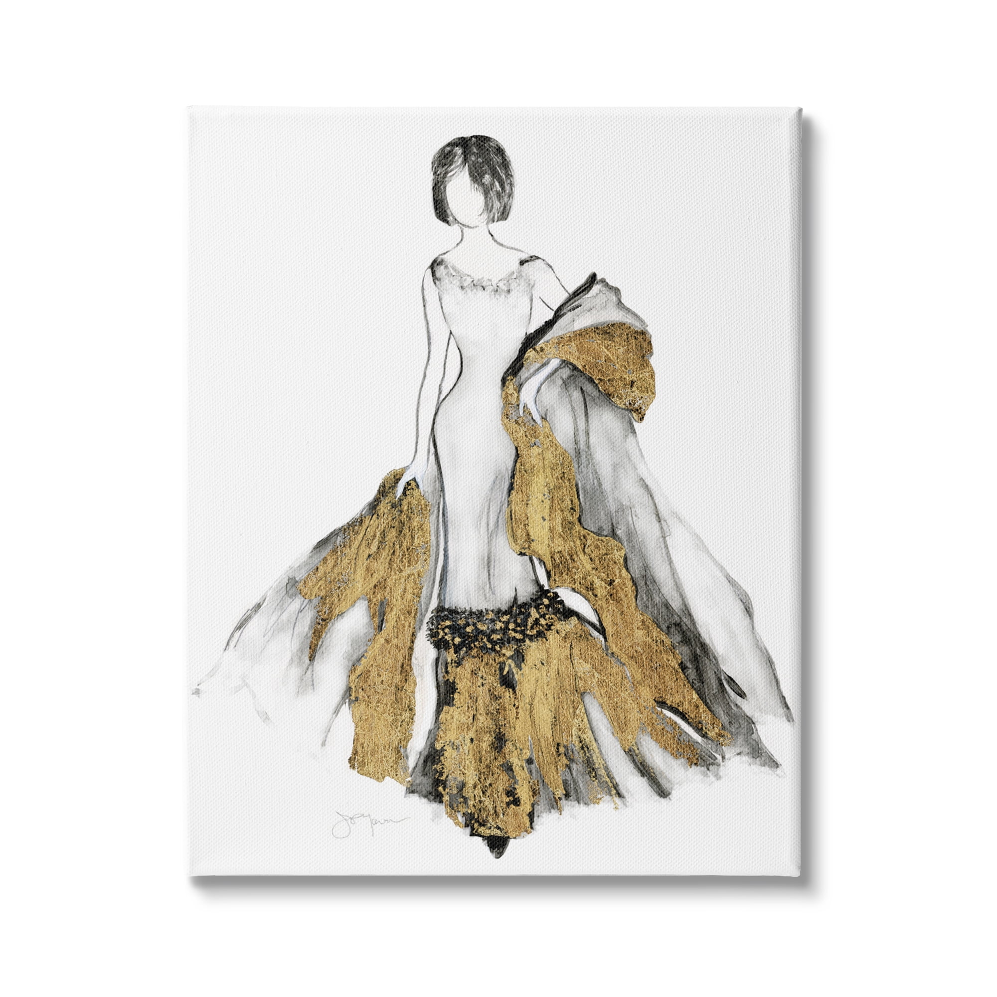 Stupell Industries Fashion Figure Drawing Female Glam Evening Gown Gold, 36 x 48,Design by Janet Tava