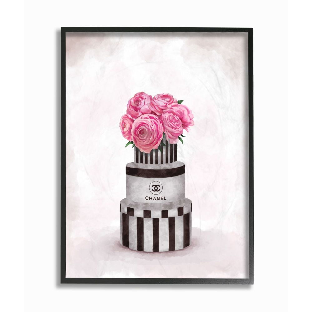 Pink Floral Chanel Box Print on Canvas with Black Frame
