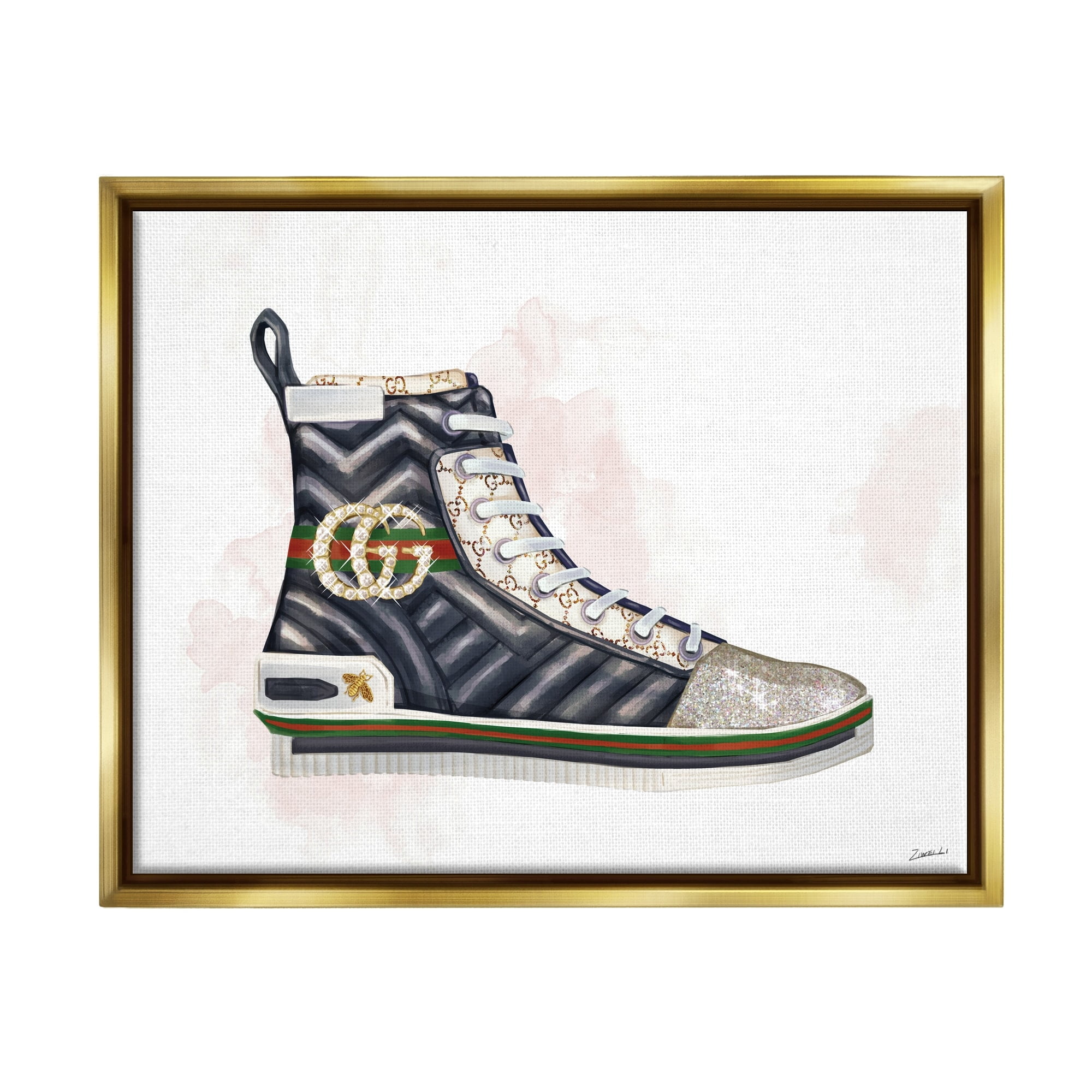 Stupell Industries Fashion Forward Pleated Sneaker Designer Glam Style Metallic Gold Framed Floating Canvas Wall Art, 16x20, by Ziwei Li