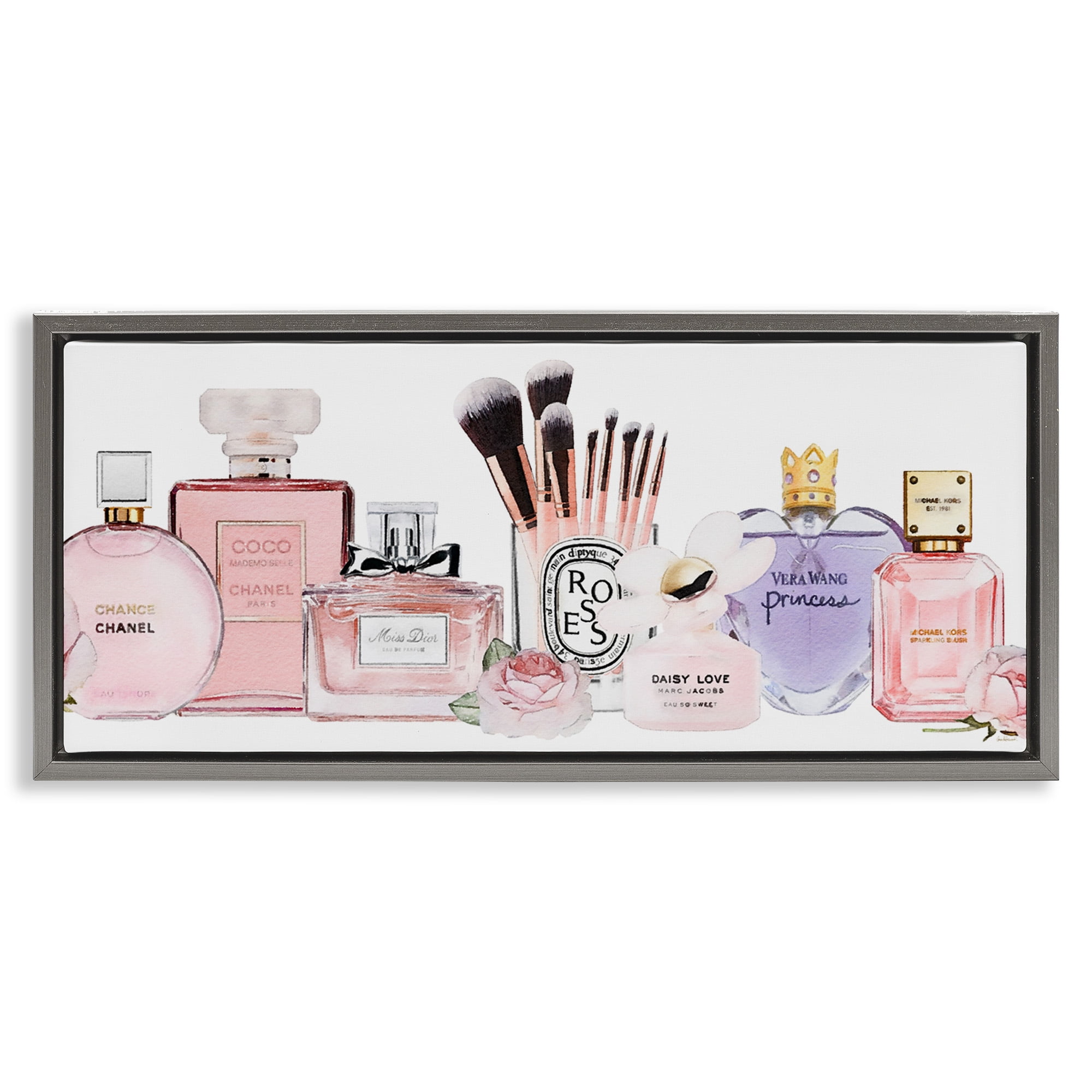Stupell Industries Fashion Fragrance Glam Accessories Beauty & Fashion Painting Gray Floater Framed Canvas Art Print Wall Art, 25 x 11