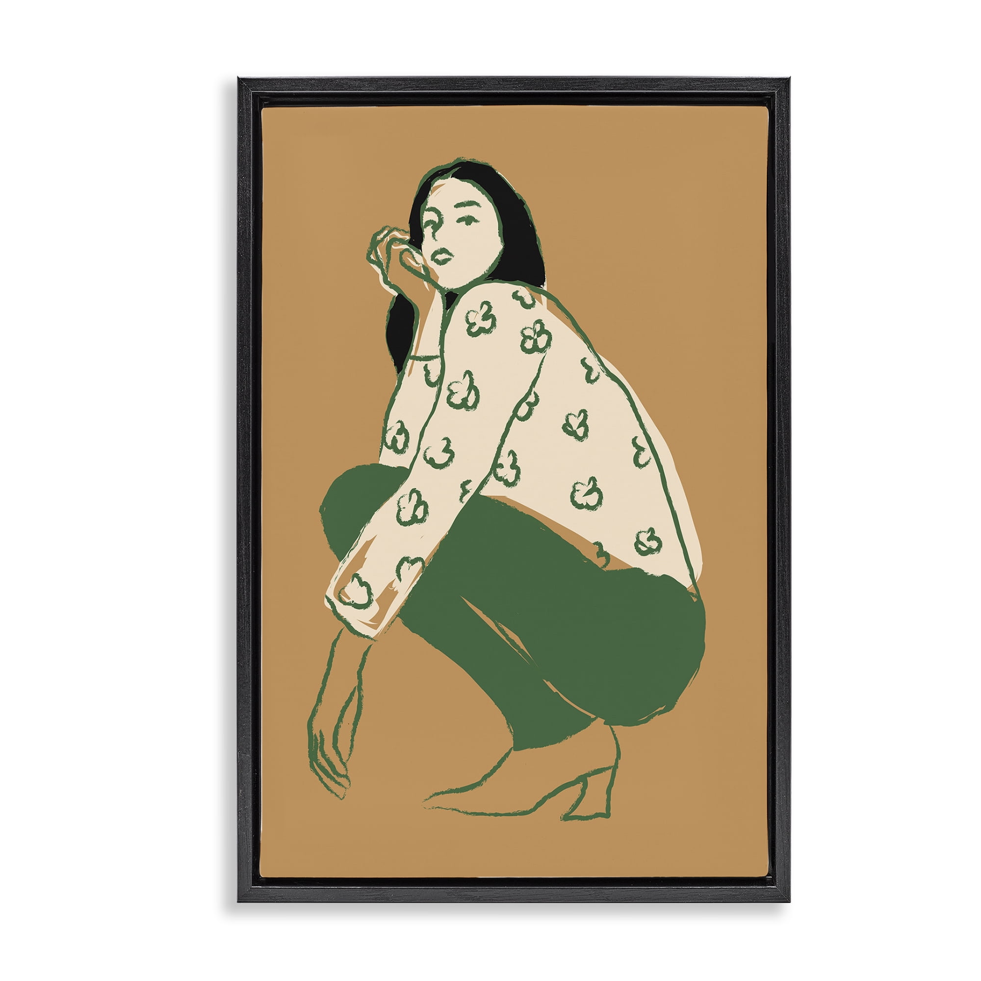 Stupell Industries Fashion Girl Kneeling Novelty Painting Black Floater Framed Art Print Wall Art, 21 x 31