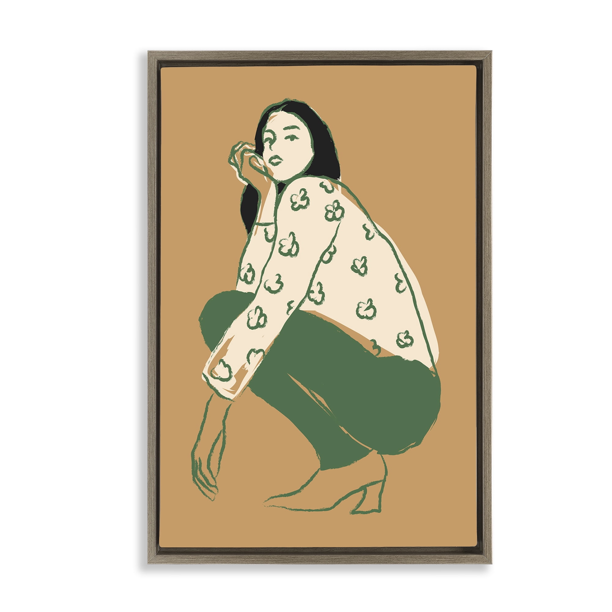 Stupell Industries Fashion Girl Kneeling Novelty Painting Brown Floater Framed Art Print Wall Art, 21 x 31
