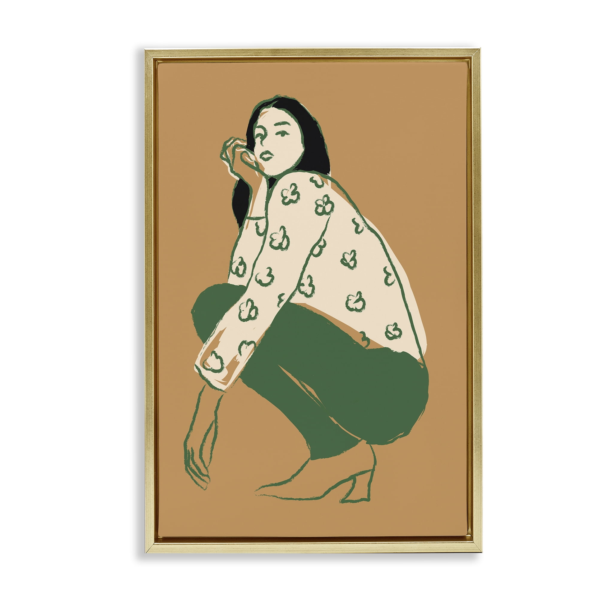 Stupell Industries Fashion Girl Kneeling Novelty Painting Gold Floater Framed Art Print Wall Art, 17 x 25