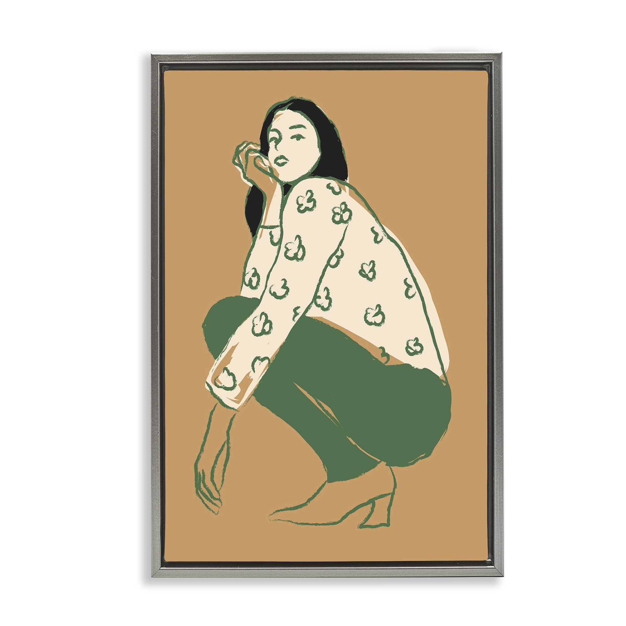 Stupell Industries Fashion Girl Kneeling Novelty Painting Gray Floater Framed Art Print Wall Art, 21 x 31