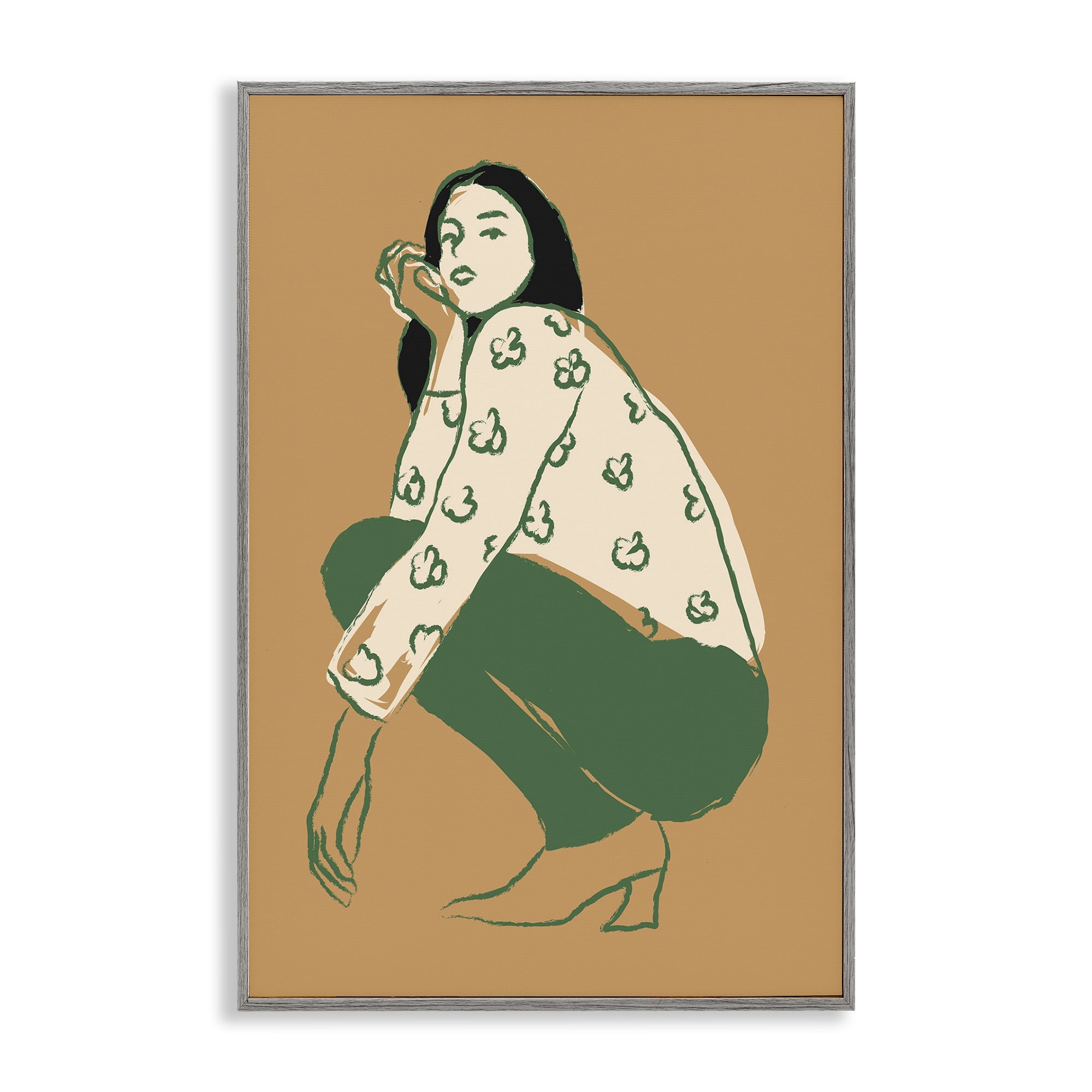 Stupell Industries Fashion Girl Kneeling Novelty Painting Gray Framed Art Print Wall Art, 20 x 30