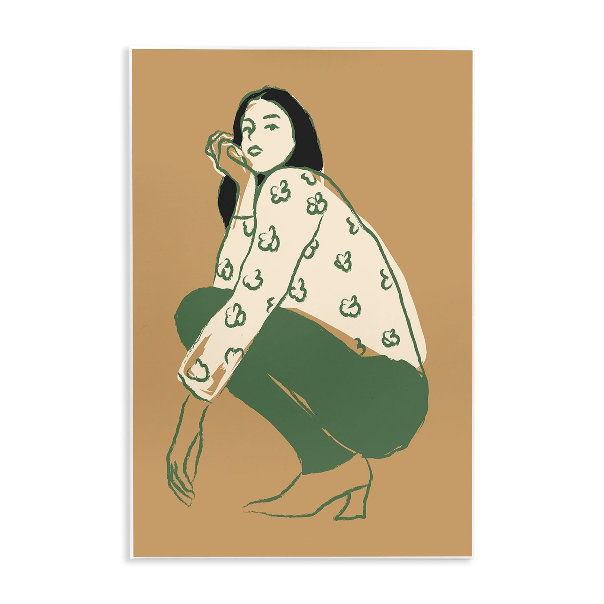 Stupell Industries Fashion Girl Kneeling Novelty Painting Unframed Art Print Wall Art, 13 x 19