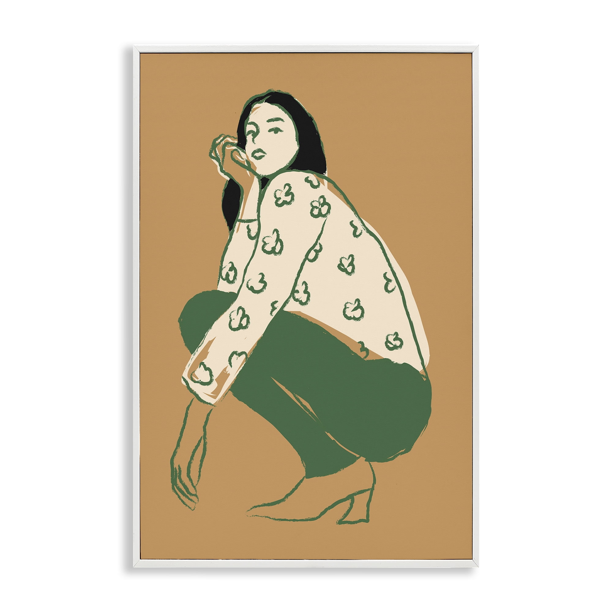 Stupell Industries Fashion Girl Kneeling Novelty Painting White Framed Art Print Wall Art, 12 x 18