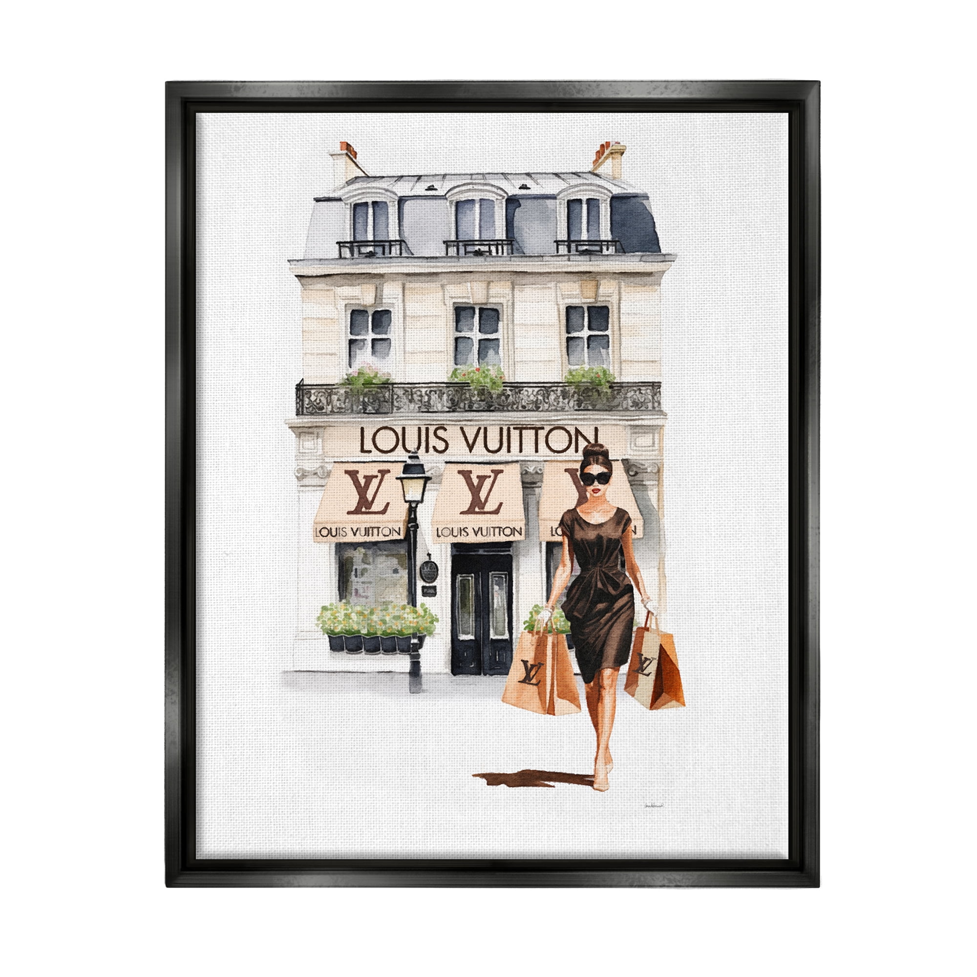 Stupell Industries Fashion Girl Shopping Town & City Painting Black Floater Framed Canvas Art Print Wall Art, 25 x 31