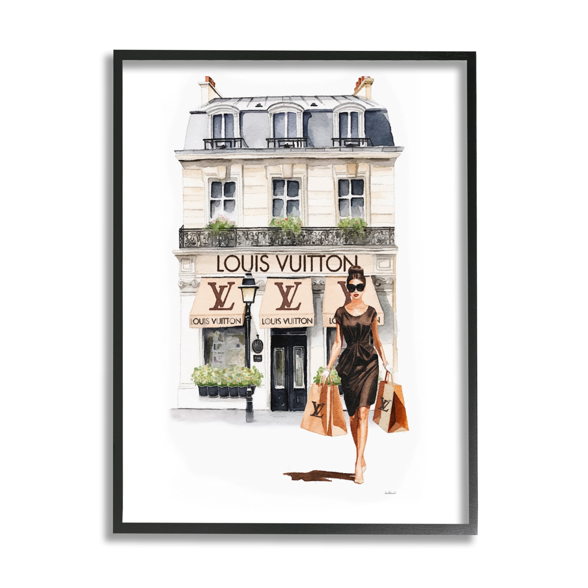 Stupell Industries Fashion Girl Shopping Town & City Painting Black Framed Art Print Wall Art, 16 x 20