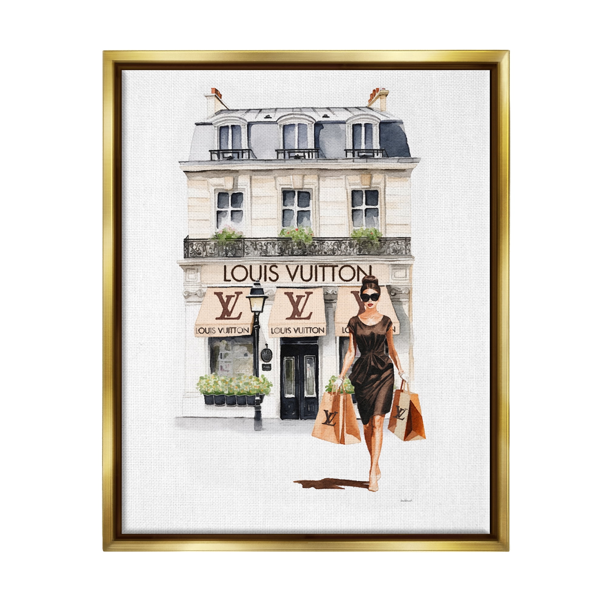 Stupell Industries Fashion Girl Shopping Town & City Painting Gold Floater Framed Canvas Art Print Wall Art, 25 x 31