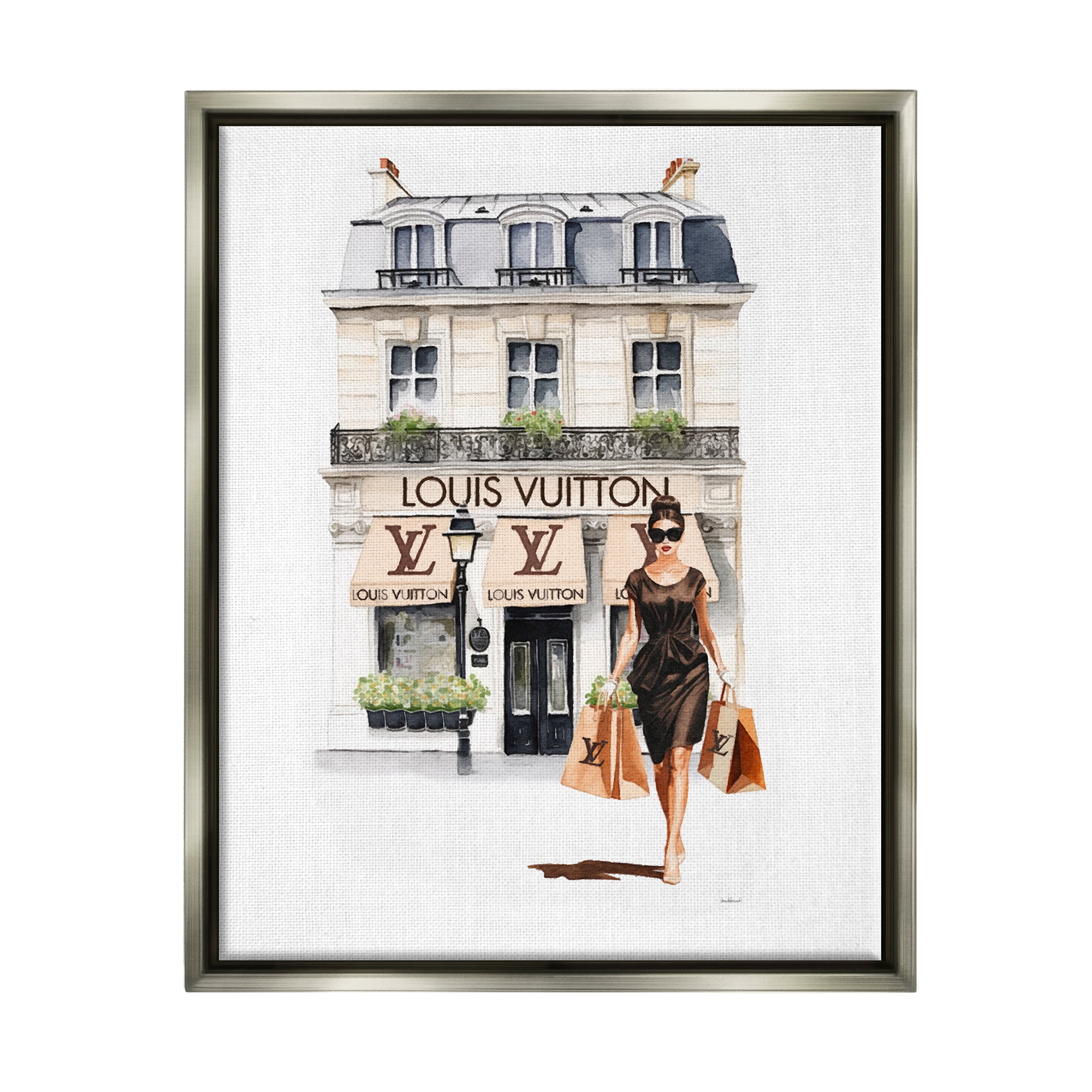 Stupell Industries Fashion Girl Shopping Town & City Painting Gray Floater Framed Canvas Art Print Wall Art, 25 x 31