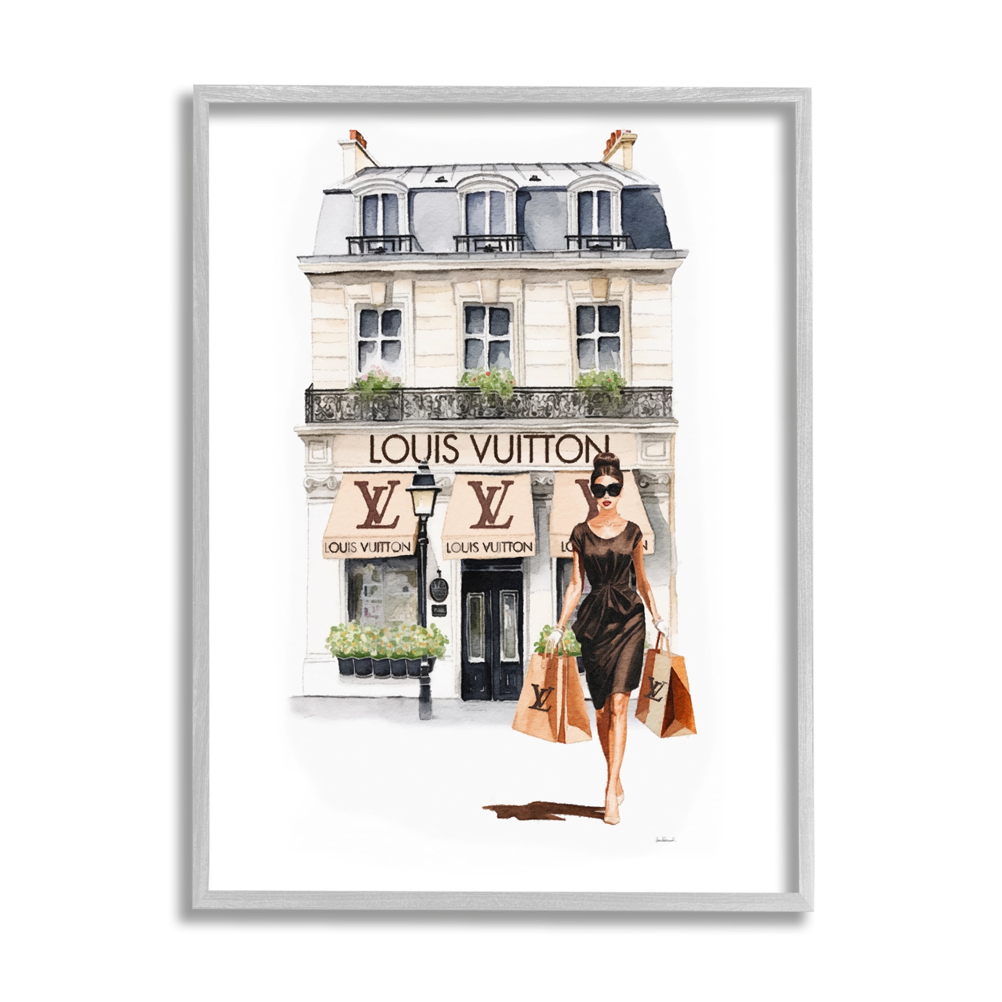 Stupell Industries Fashion Girl Shopping Town & City Painting Gray Framed Art Print Wall Art, 11 x 14