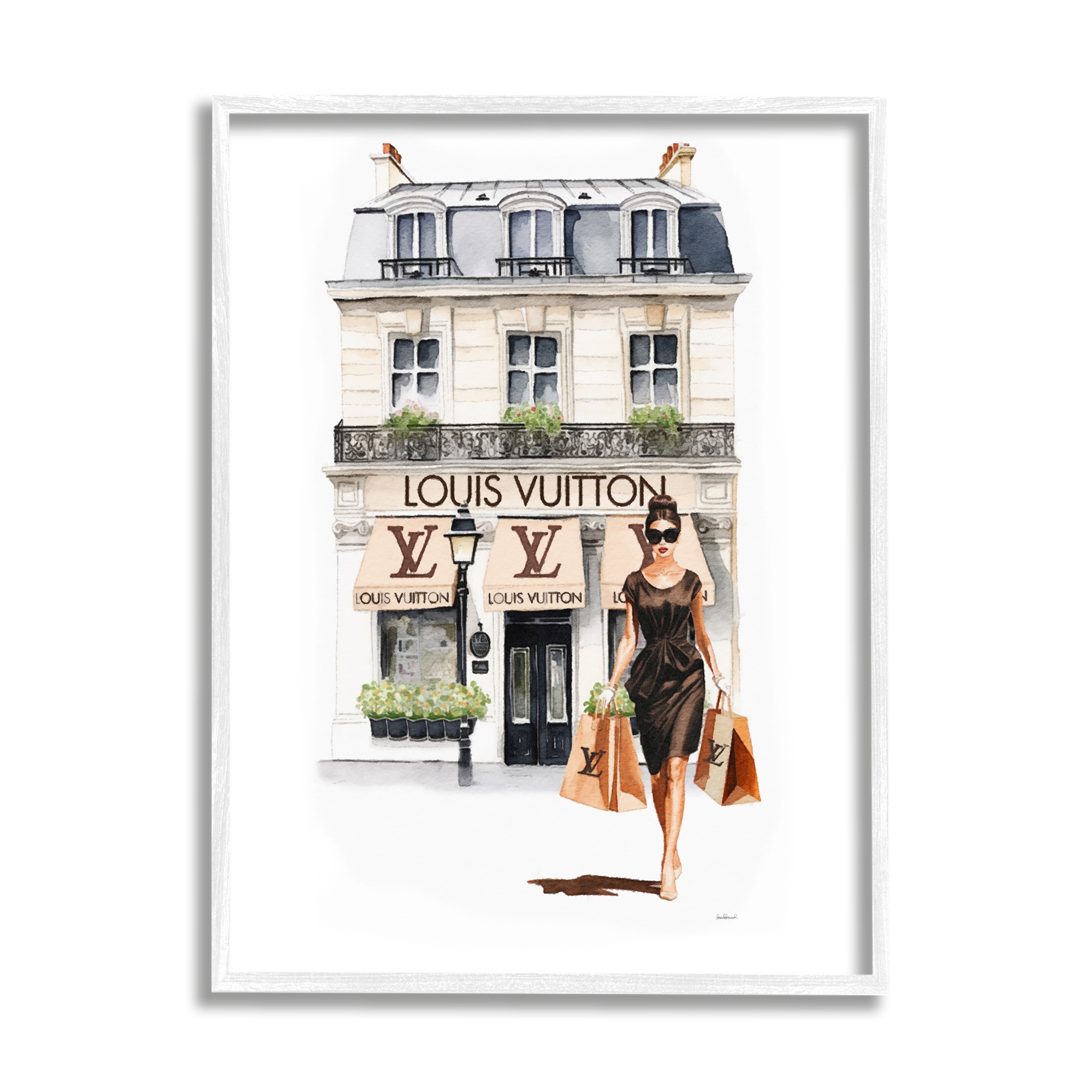 Stupell Industries Fashion Girl Shopping Town & City Painting White Framed Art Print Wall Art, 16 x 20