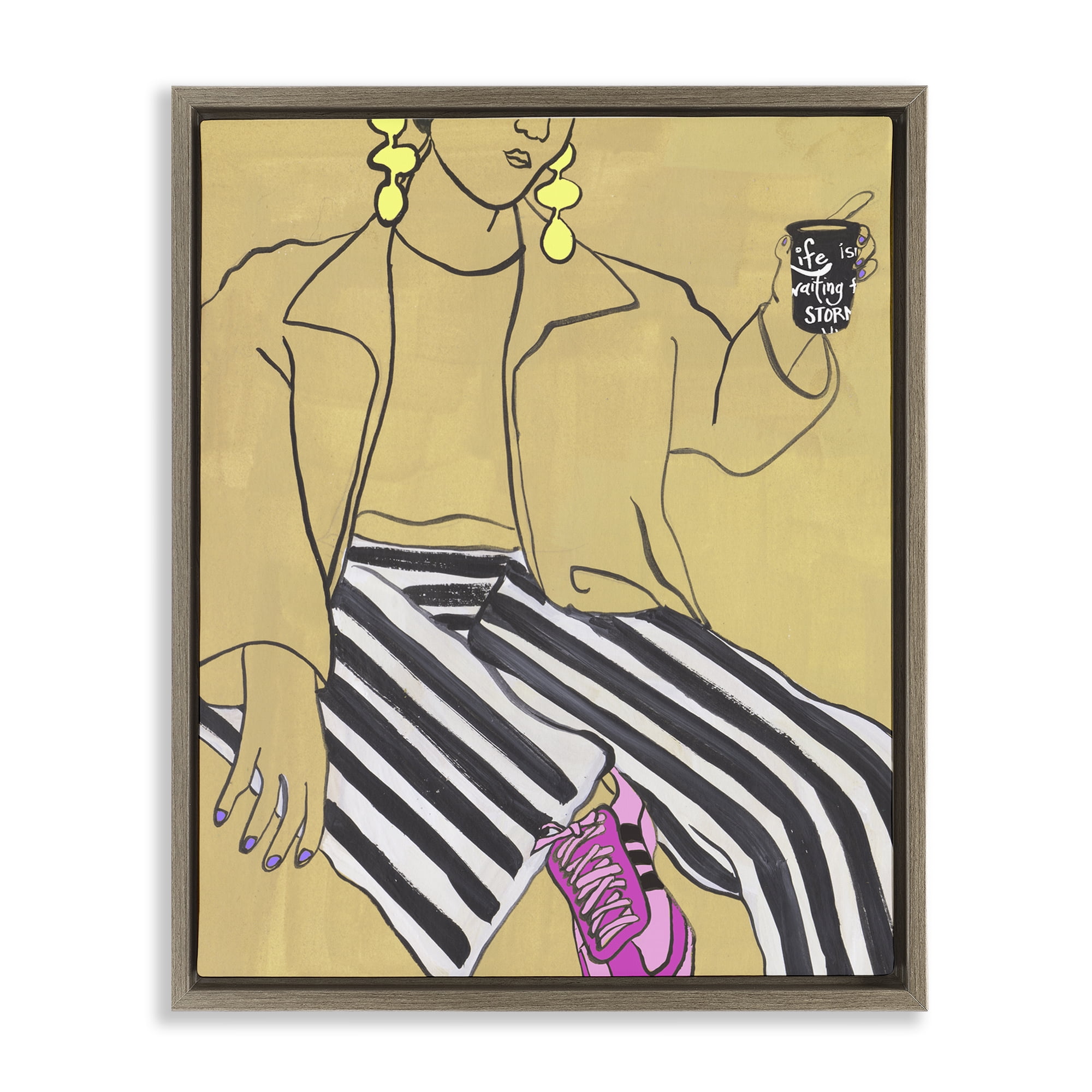 Stupell Industries Fashion Girl in Stripes Brown Framed Floater Canvas Wall Art, design by Melissa Wang