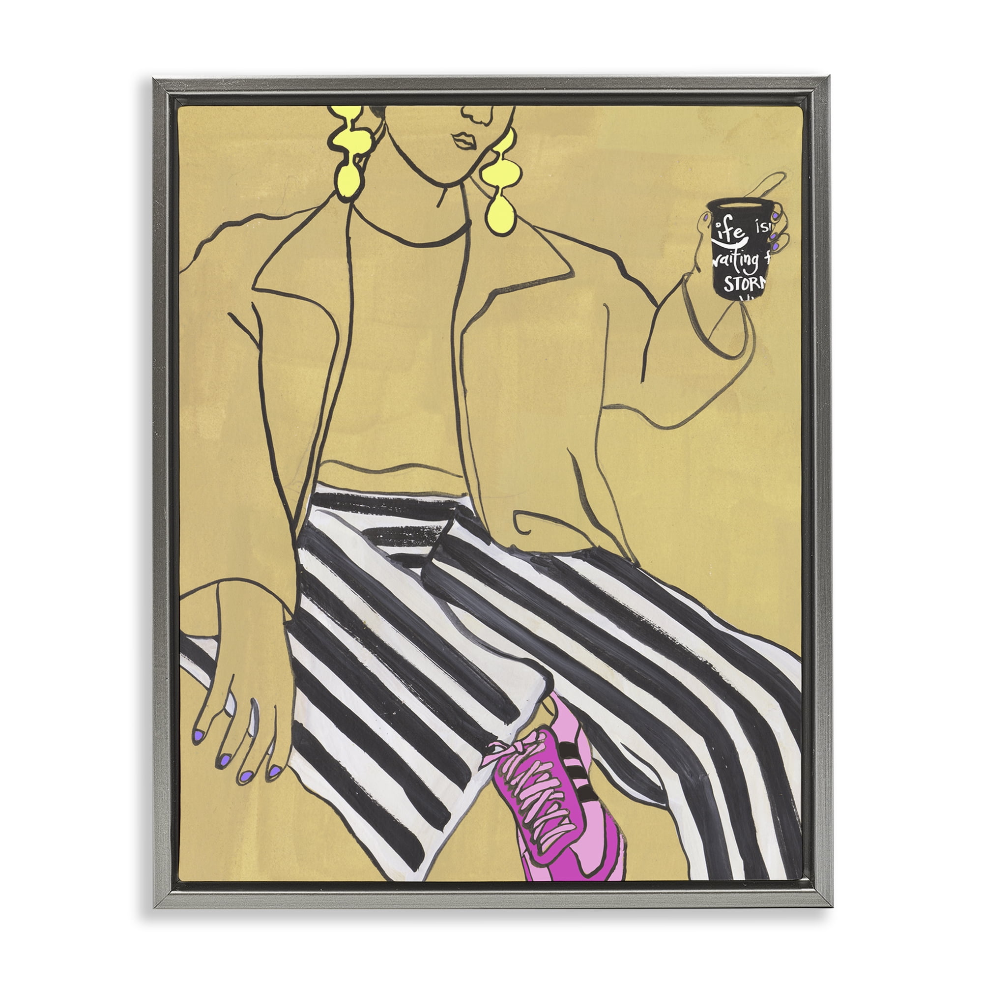 Stupell Industries Fashion Girl in Stripes Gray Framed Floater Canvas Wall Art, design by Melissa Wang