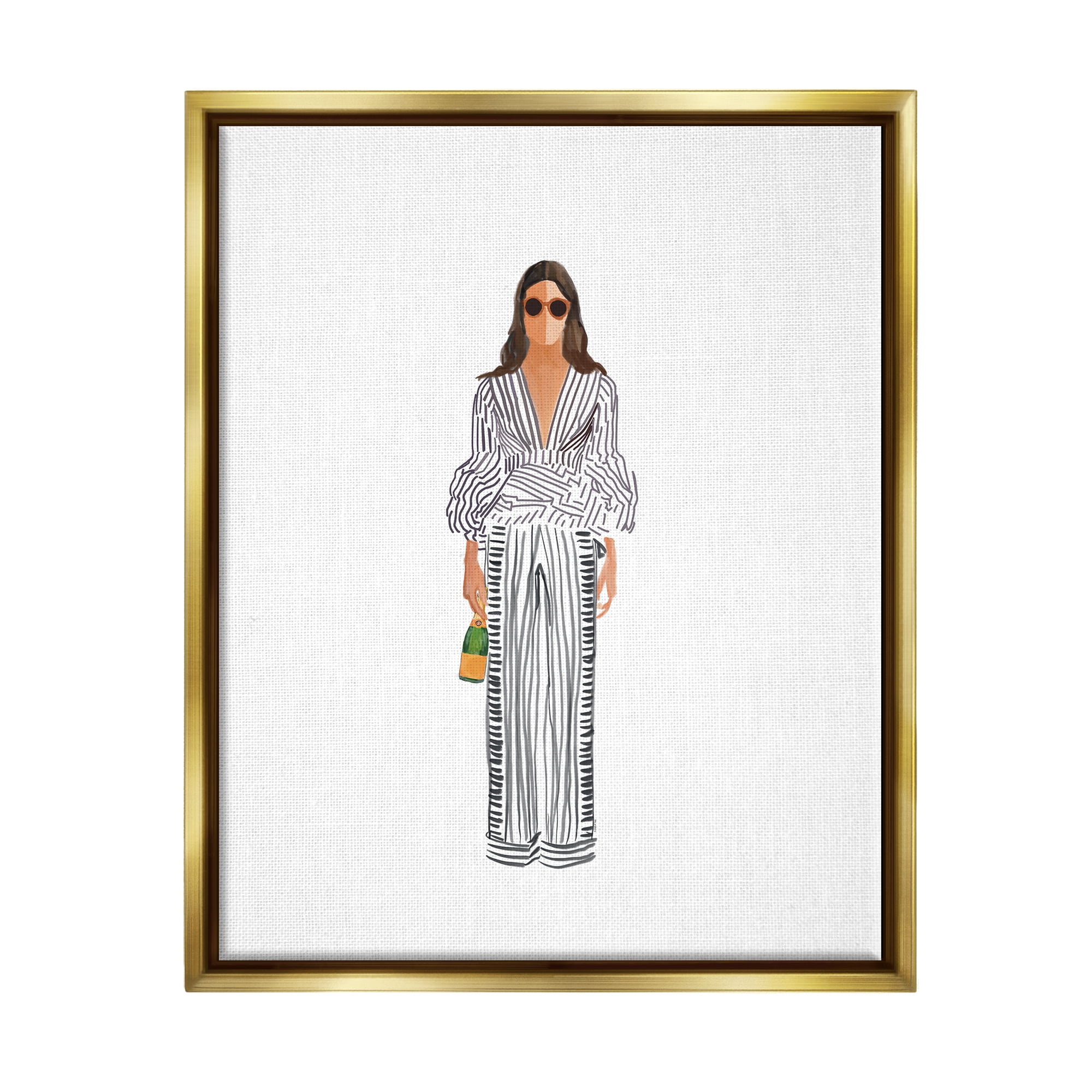 Stupell Industries Fashion Girl with Champagne Food & Beverage Painting Gold Floater Framed Art Print Wall Art, 25 x 31