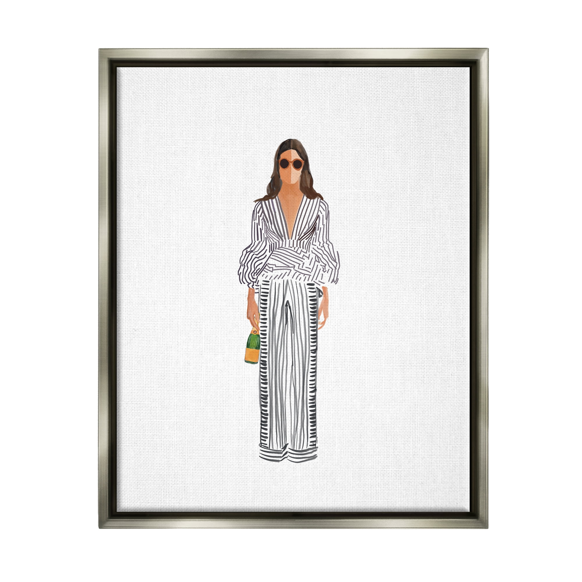 Stupell Industries Fashion Girl with Champagne Food & Beverage Painting Gray Floater Framed Art Print Wall Art, 17 x 21