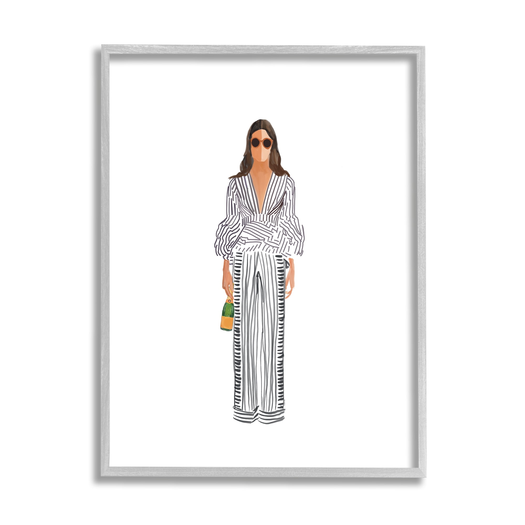 Stupell Industries Fashion Girl with Champagne Food & Beverage Painting Gray Framed Art Print Wall Art, 24 x 30