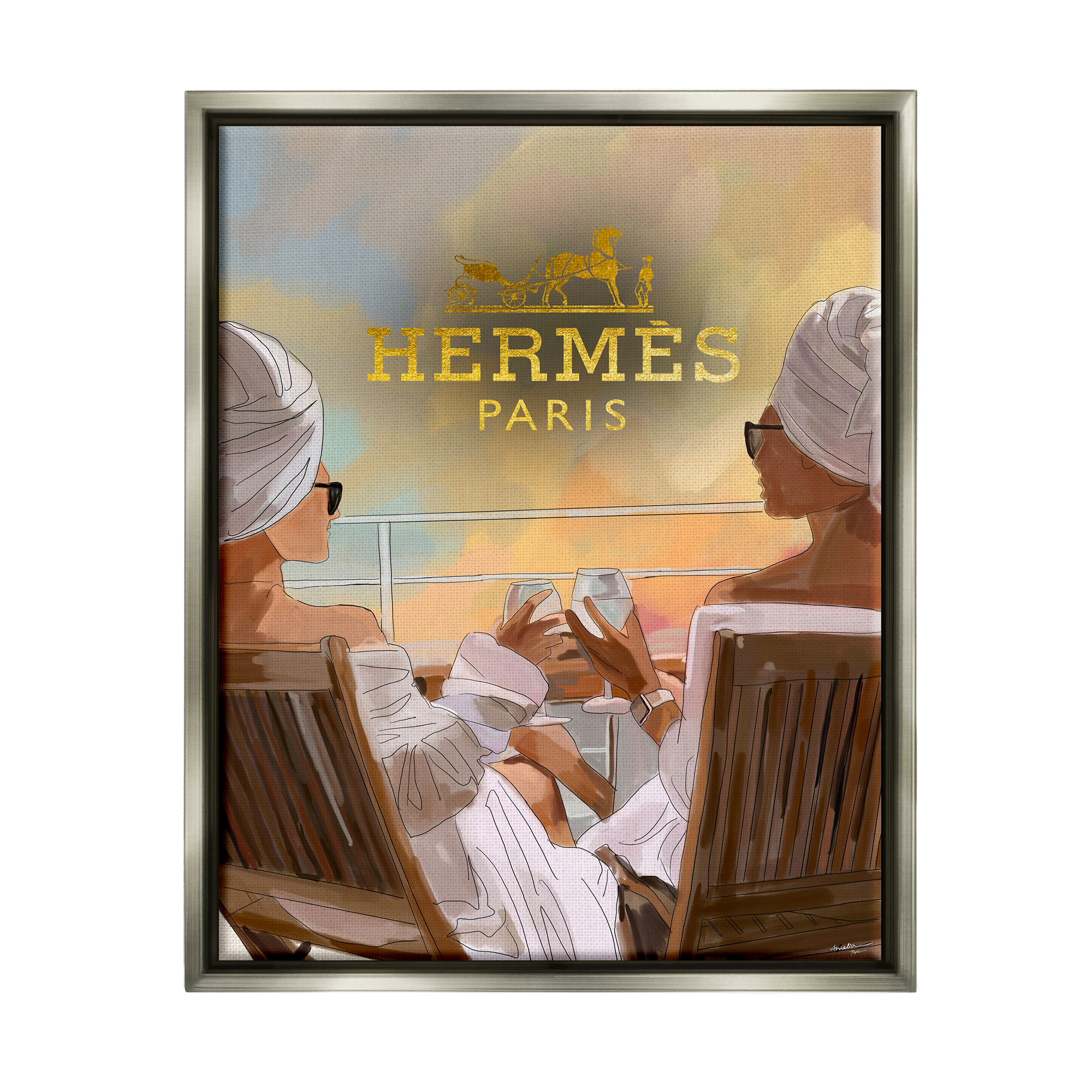 Stupell Industries Fashion Girls on Cruise Beauty & Fashion Painting Gray Floater Framed Art Print Wall Art, 25 x 31