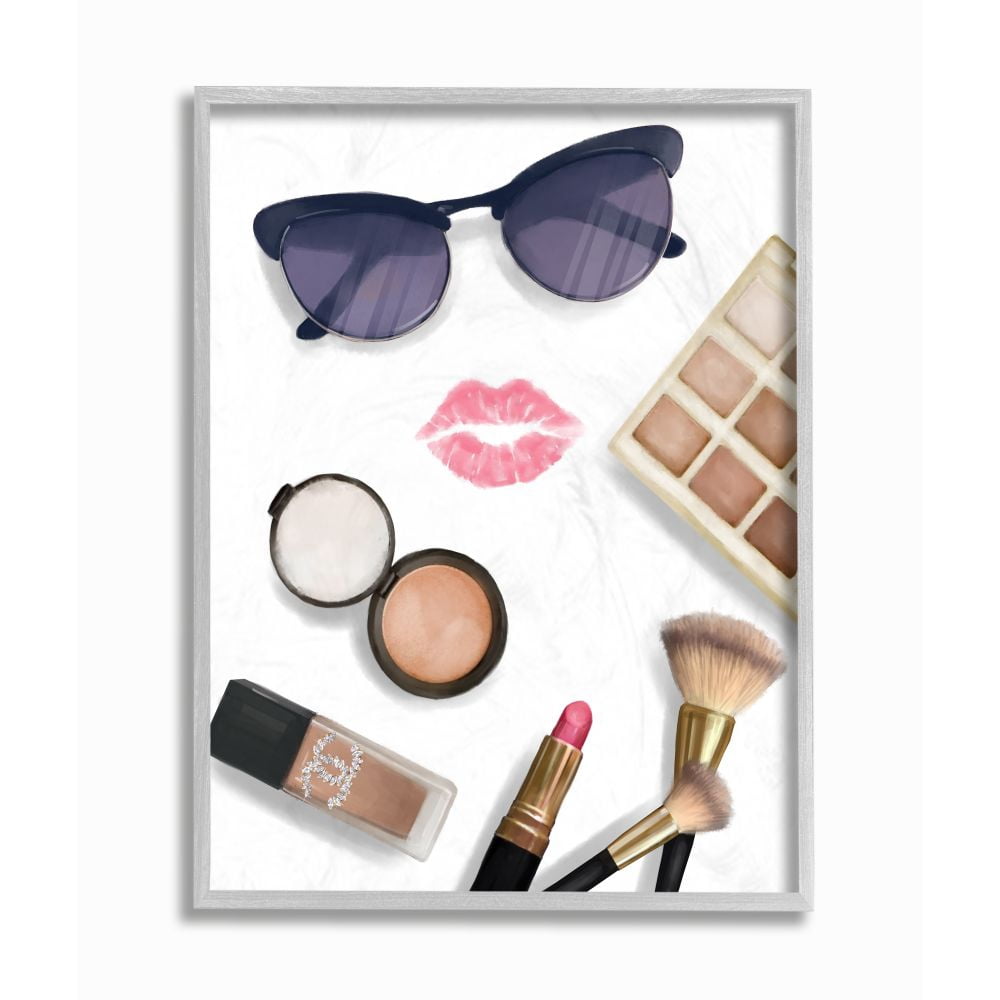 Stupell Industries Fashion Glam Accessories and Cosmetics Lipstick Kiss Framed Wall Art Design by Ziwei Li, 16" x 20", Gray Framed