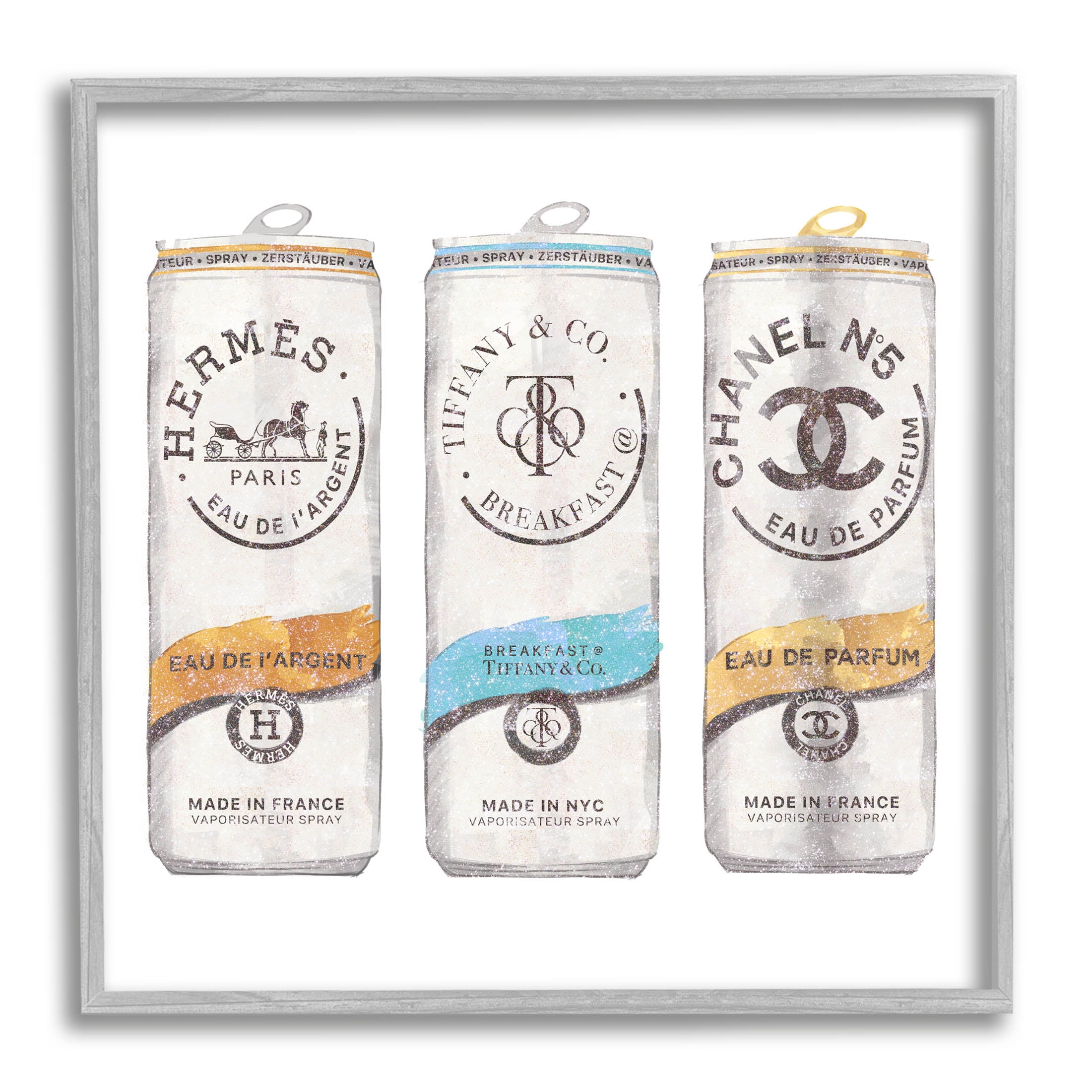 Stupell Industries Fashion Glam Brand Beverage Cans Graphic Art Gray Framed Art Print Wall Art, Design by Ziwei Li