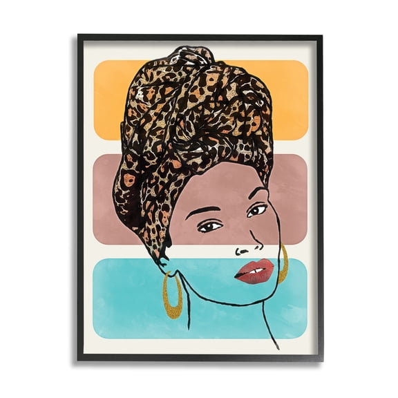 Stupell Industries Fashion Headwrap Portrait Over Bold Blocked Shapes Novelty Painting Black Framed Art Print Wall Art, 11 x 14