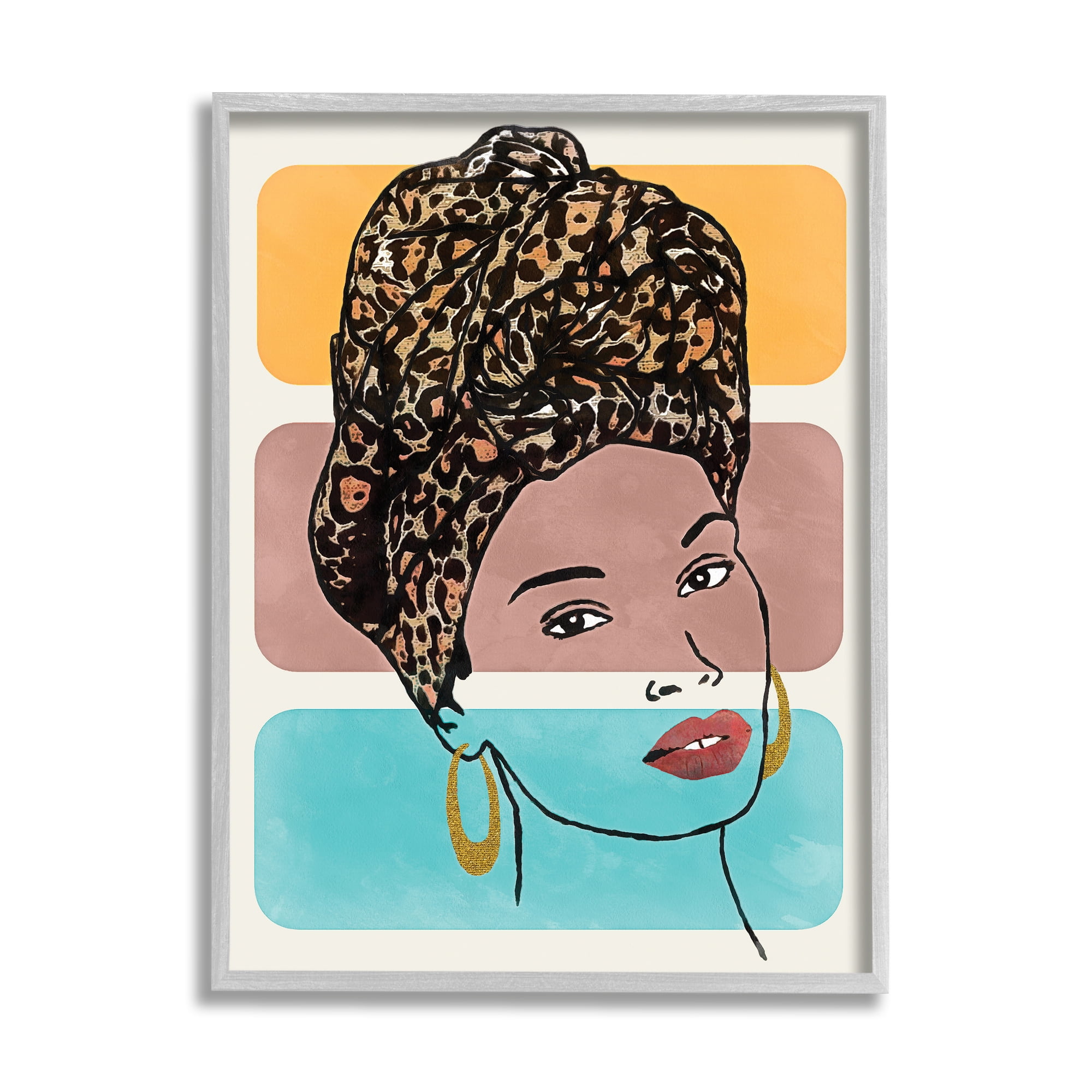 Stupell Industries Fashion Headwrap Portrait Over Bold Blocked Shapes Novelty Painting Gray Framed Art Print Wall Art, 11 x 14