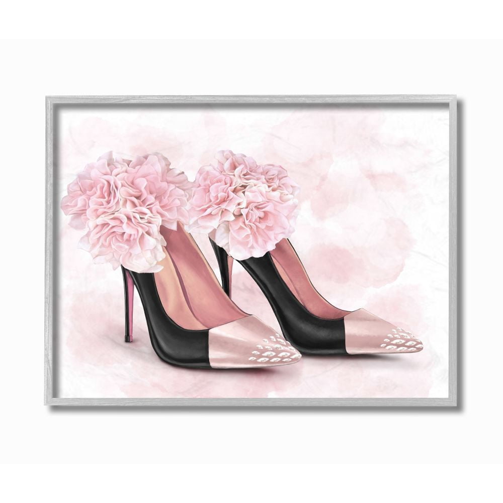 Stupell Industries Fashion Heels Pink Flower Glam Design Graphic Art Gray Framed Art Print Wall Art, 11x14, by Ziwei Li