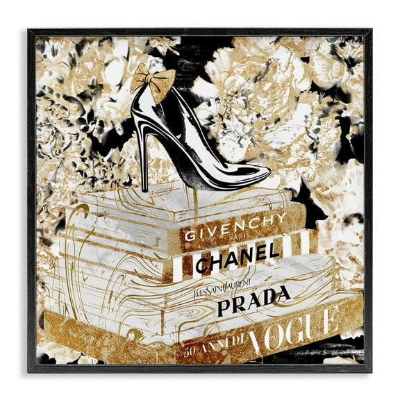 Stupell Industries Fashion Heels and Books Black Gold Designer Details Framed Wall Art Design by Ziwei Li, 12" x 12", Black Framed