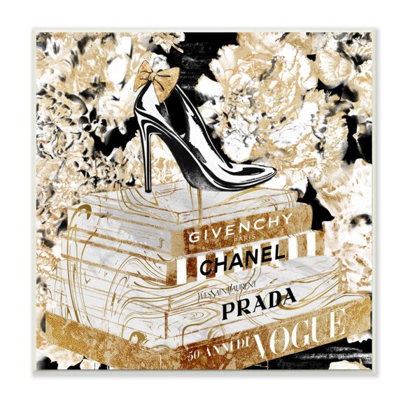 Stupell Industries Fashion Heels and Books Black Gold Designer Details Wall Plaque Design by Ziwei Li, 12" x 12"