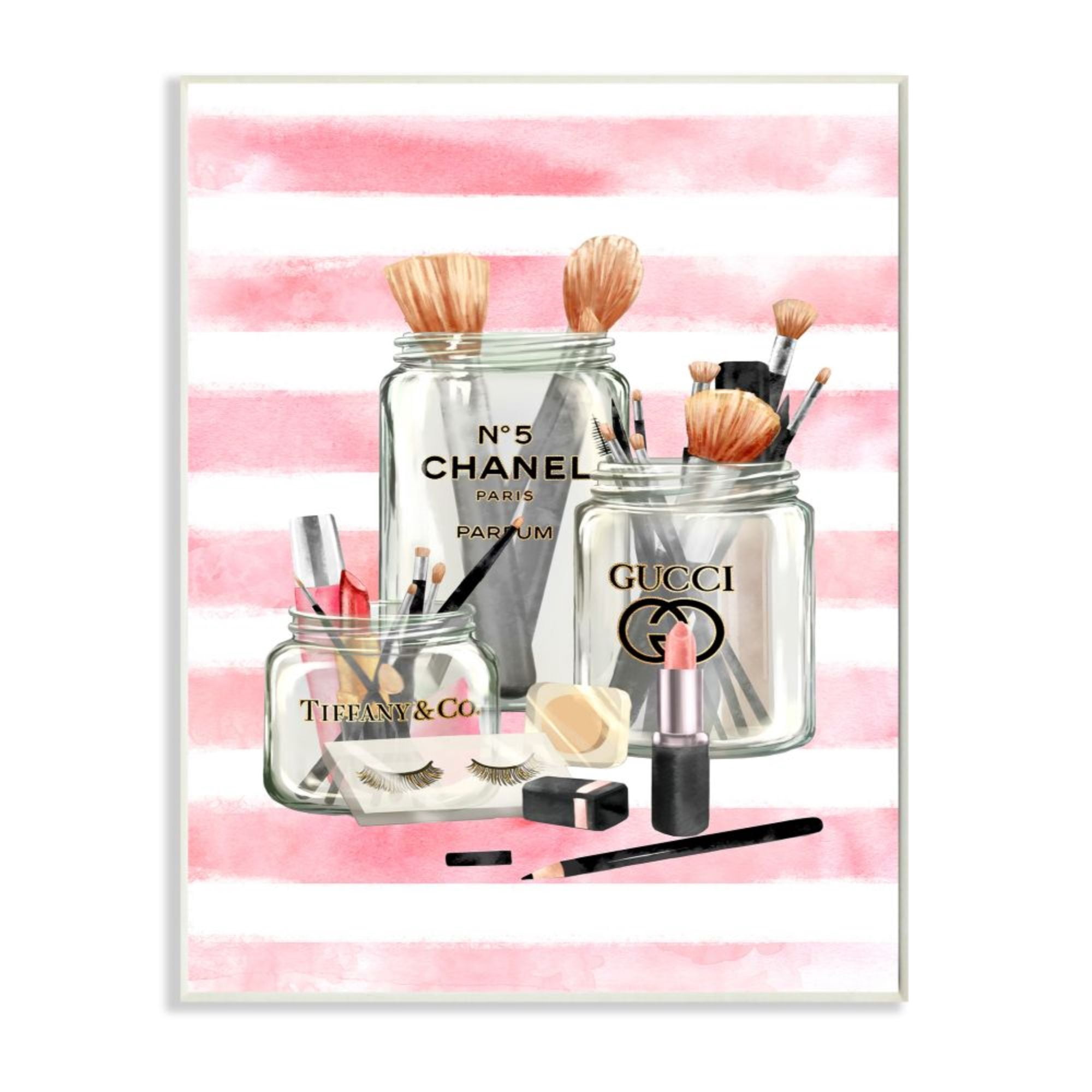 Stupell Industries Fashion Jars and Cosmetic Accessories Pink Stripes Design by Ziwei Li
