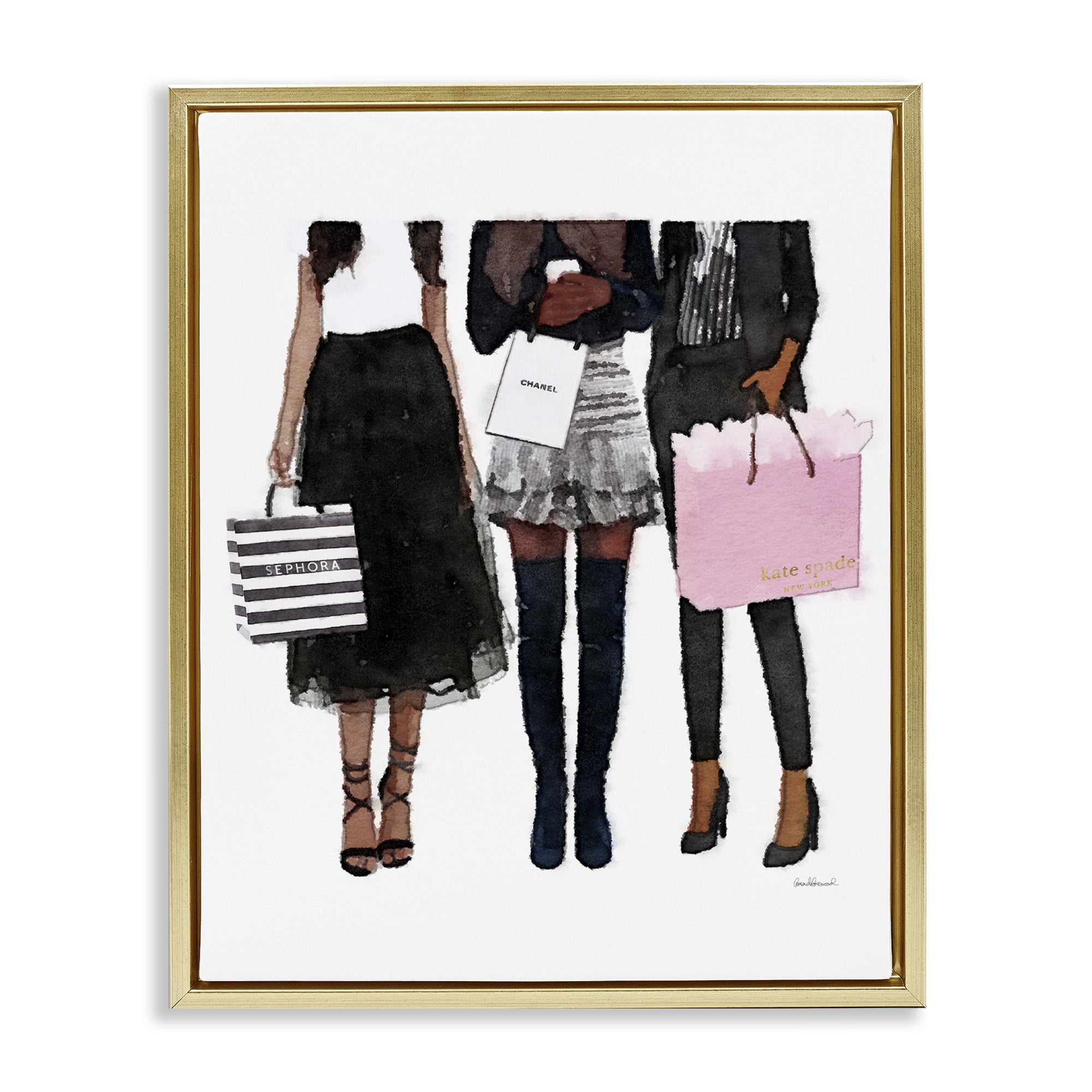 Stupell Industries Fashion Models Glam Watercolor Beauty & Fashion Painting Gold Floater Framed Canvas Art Print Wall Art, 17 x 21