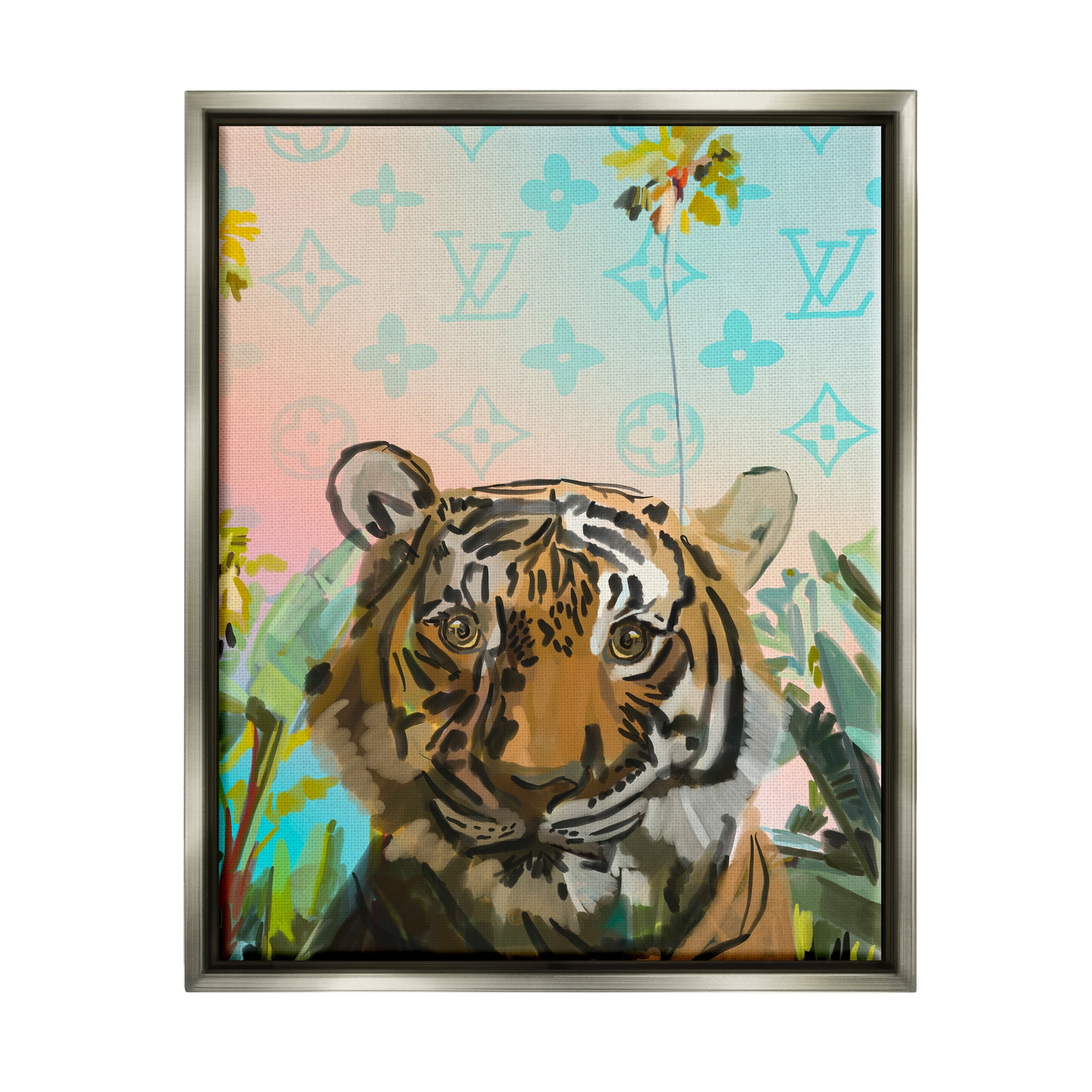 Stupell Industries Fashion Patterned Tiger Animals & Insects Painting Gray Floater Framed Art Print Wall Art, 17 x 21