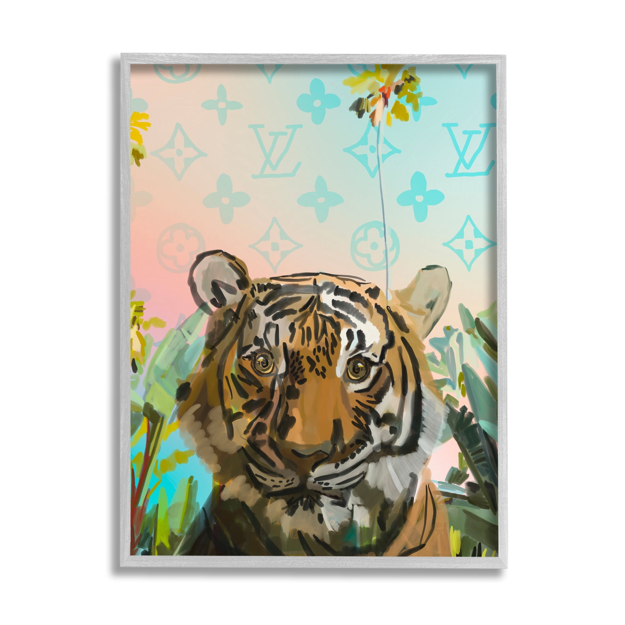 Stupell Industries Fashion Patterned Tiger Animals & Insects Painting Gray Framed Art Print Wall Art, 16 x 20
