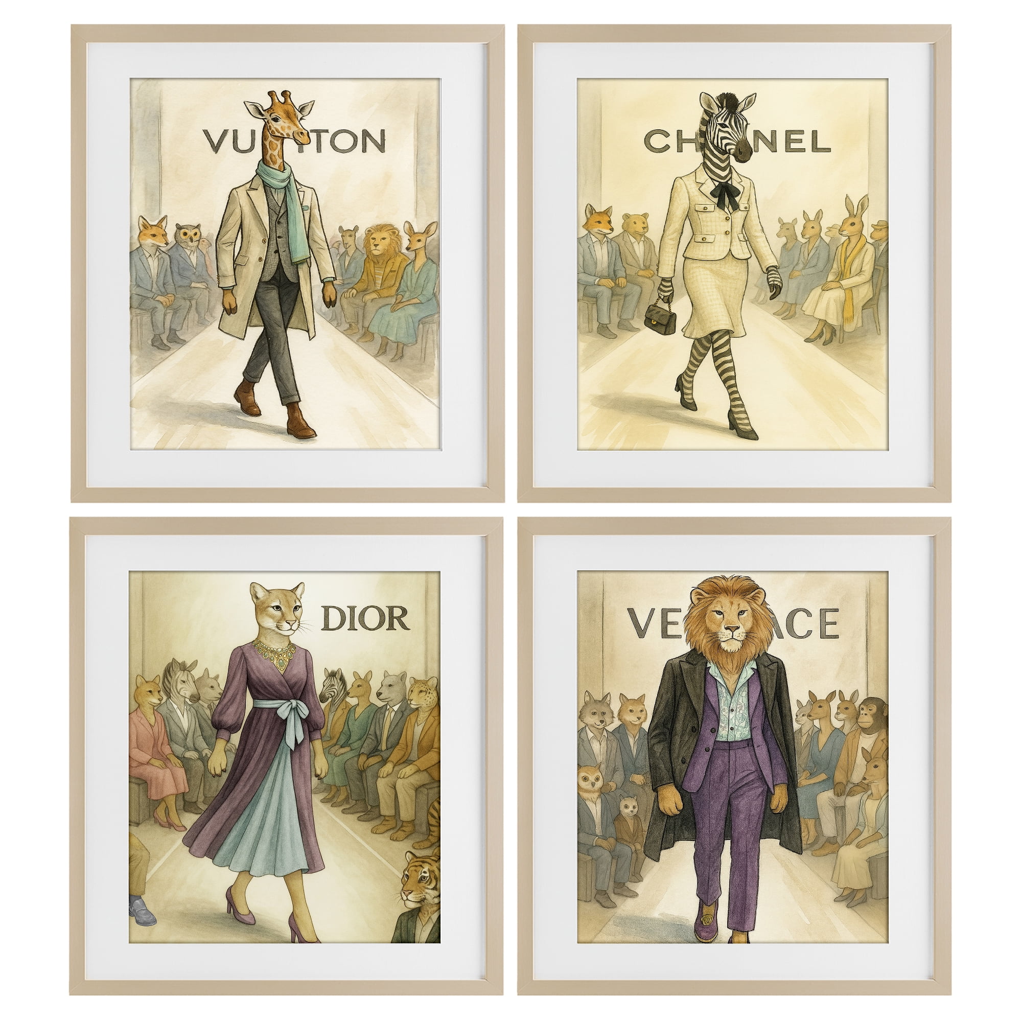 Stupell Industries Fashion Runway Animals 4 Piece Birch Framed Print Under Glass Set, design by Grotto Studios