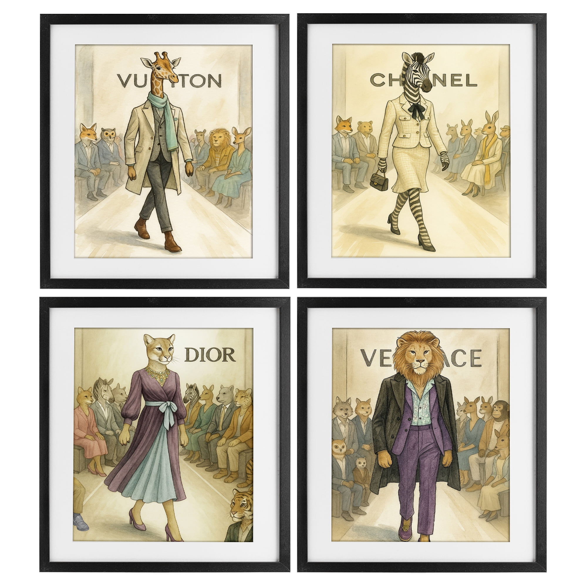 Stupell Industries Fashion Runway Animals 4 Piece Black Framed Print Under Glass Set, design by Grotto Studios