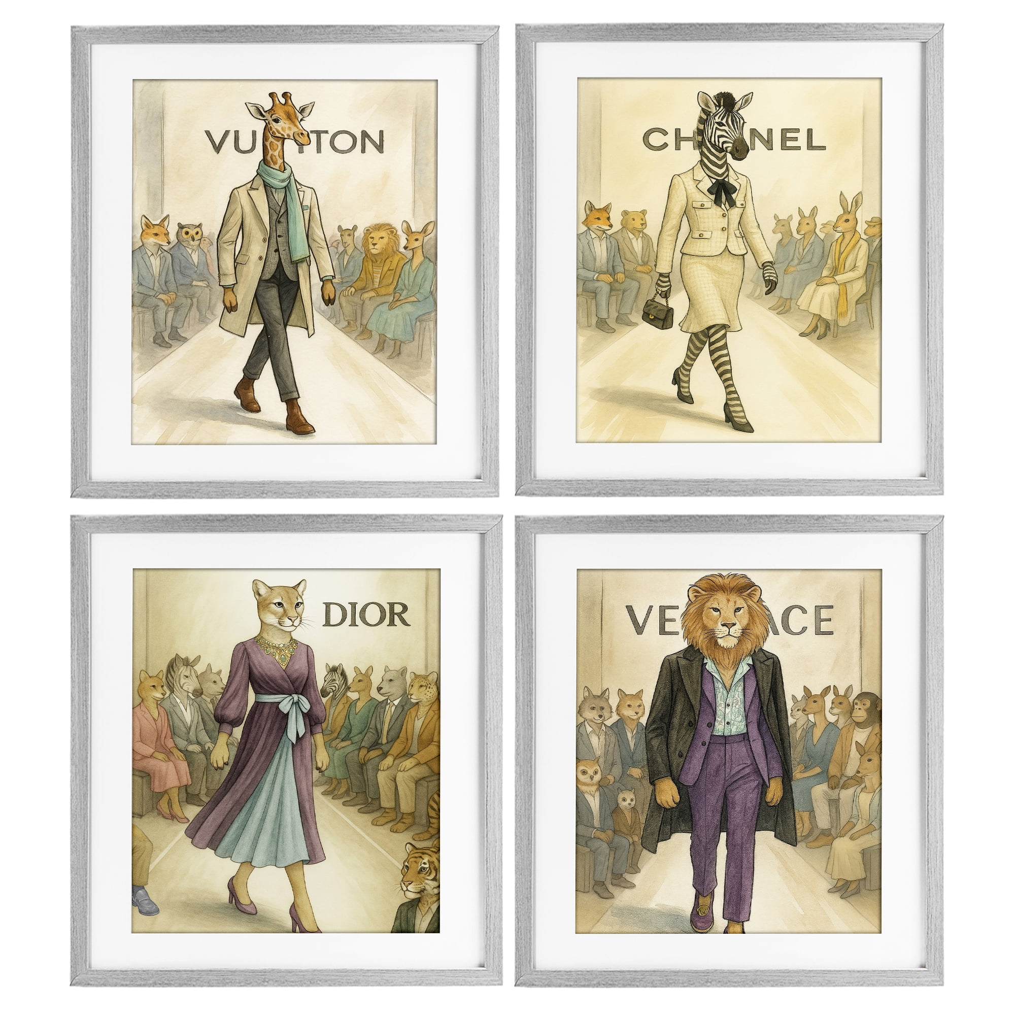Stupell Industries Fashion Runway Animals 4 Piece Gray Framed Print Under Glass Set, design by Grotto Studios