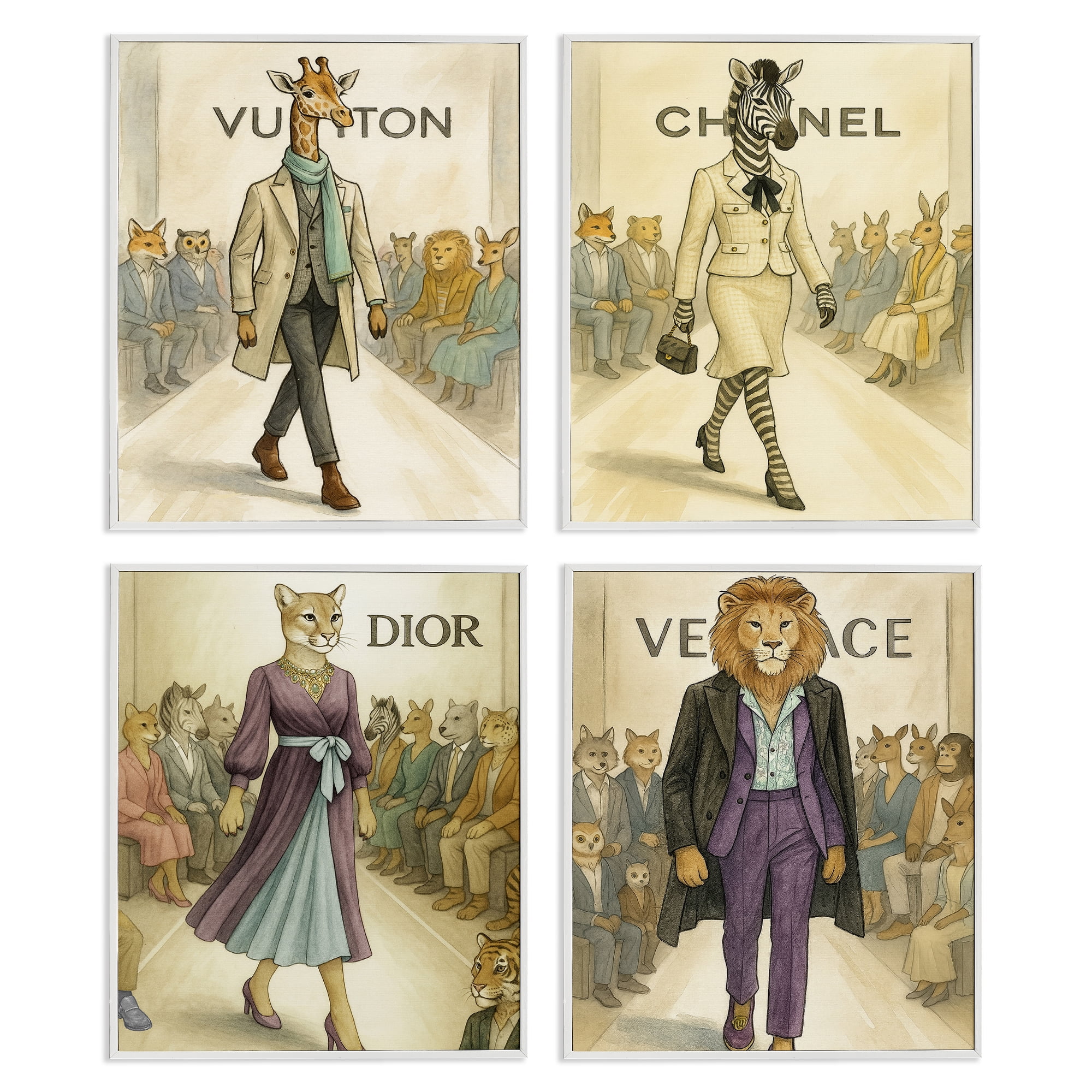 Stupell Industries Fashion Runway Animals 4 Piece White Framed Giclee Art Set, design by Grotto Studios