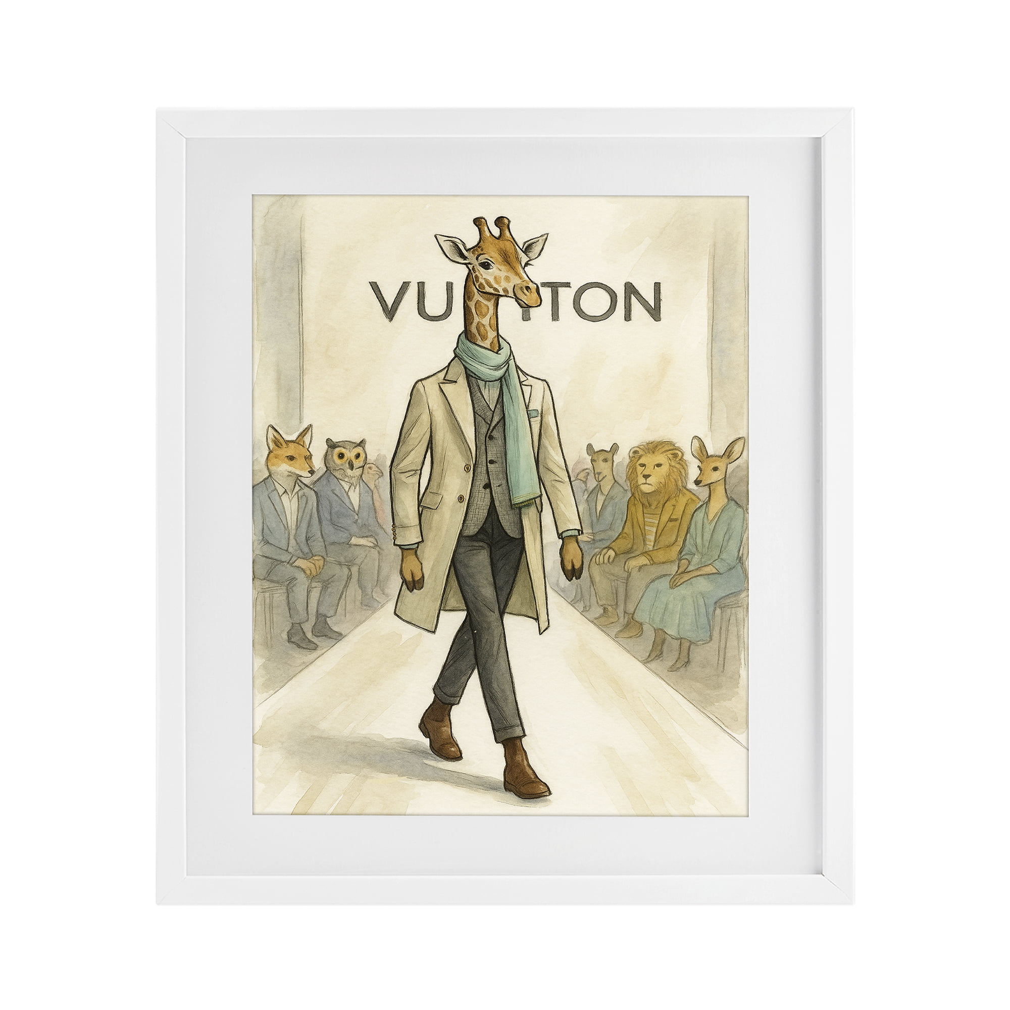 Stupell Industries Fashion Runway Giraffe White Framed Print Under Glass, design by Grotto Studios