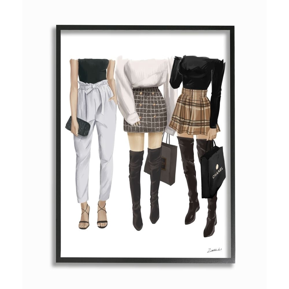 Stupell Industries Fashion Shopping Women Style Outfits Plaid Bags Designer Framed Wall Art Design by Ziwei Li, 16" x 20", Gray Framed